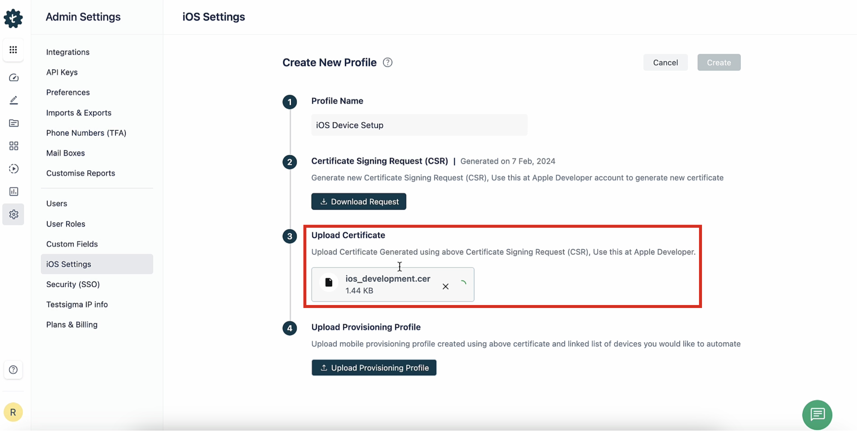 Upload CSR file in Testsigma