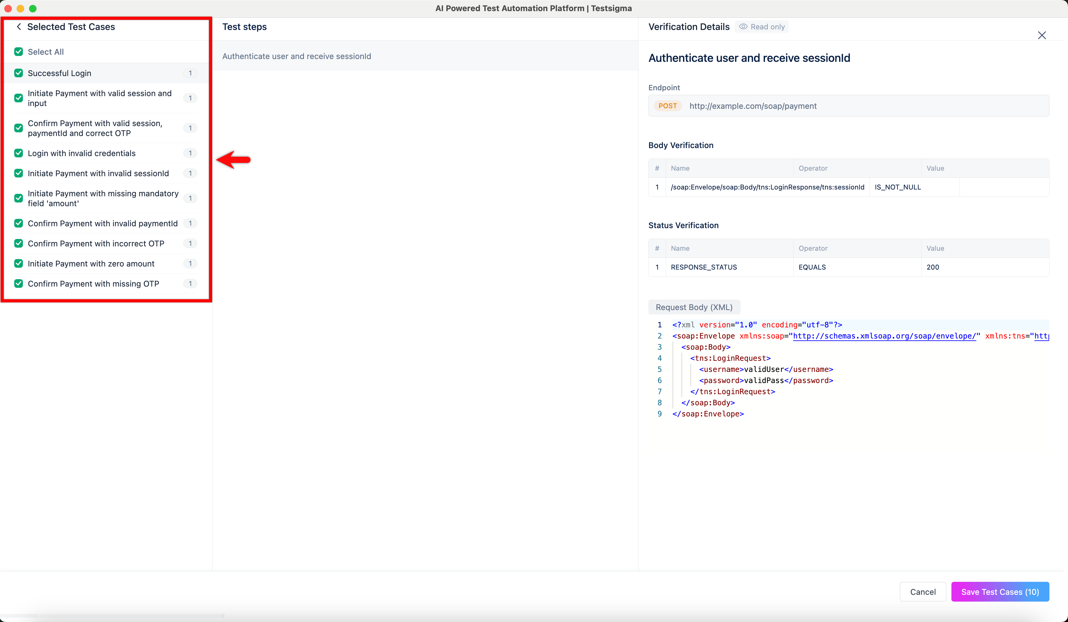 Selected test cases panel