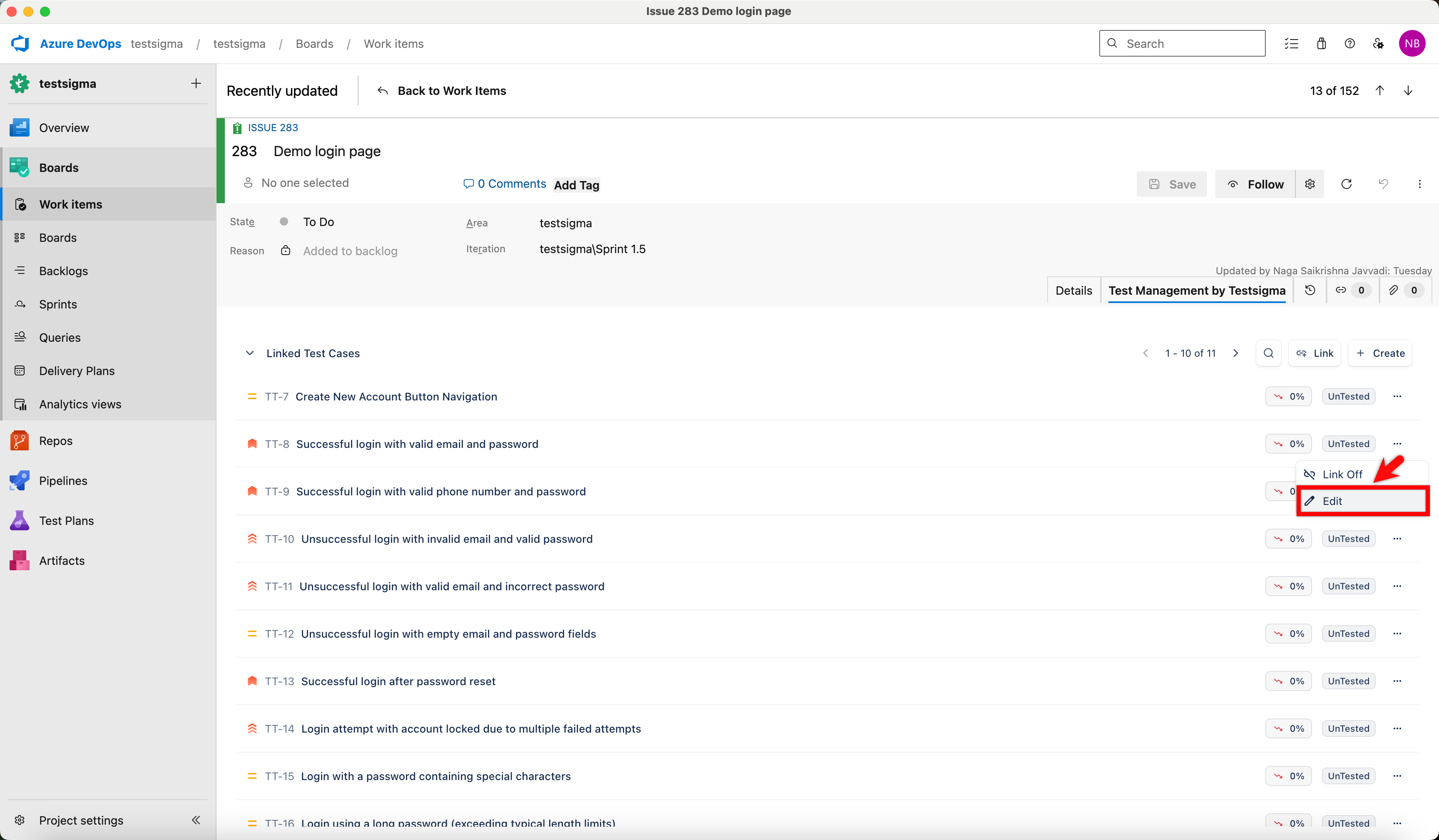 Azure DevOps Linked test cases