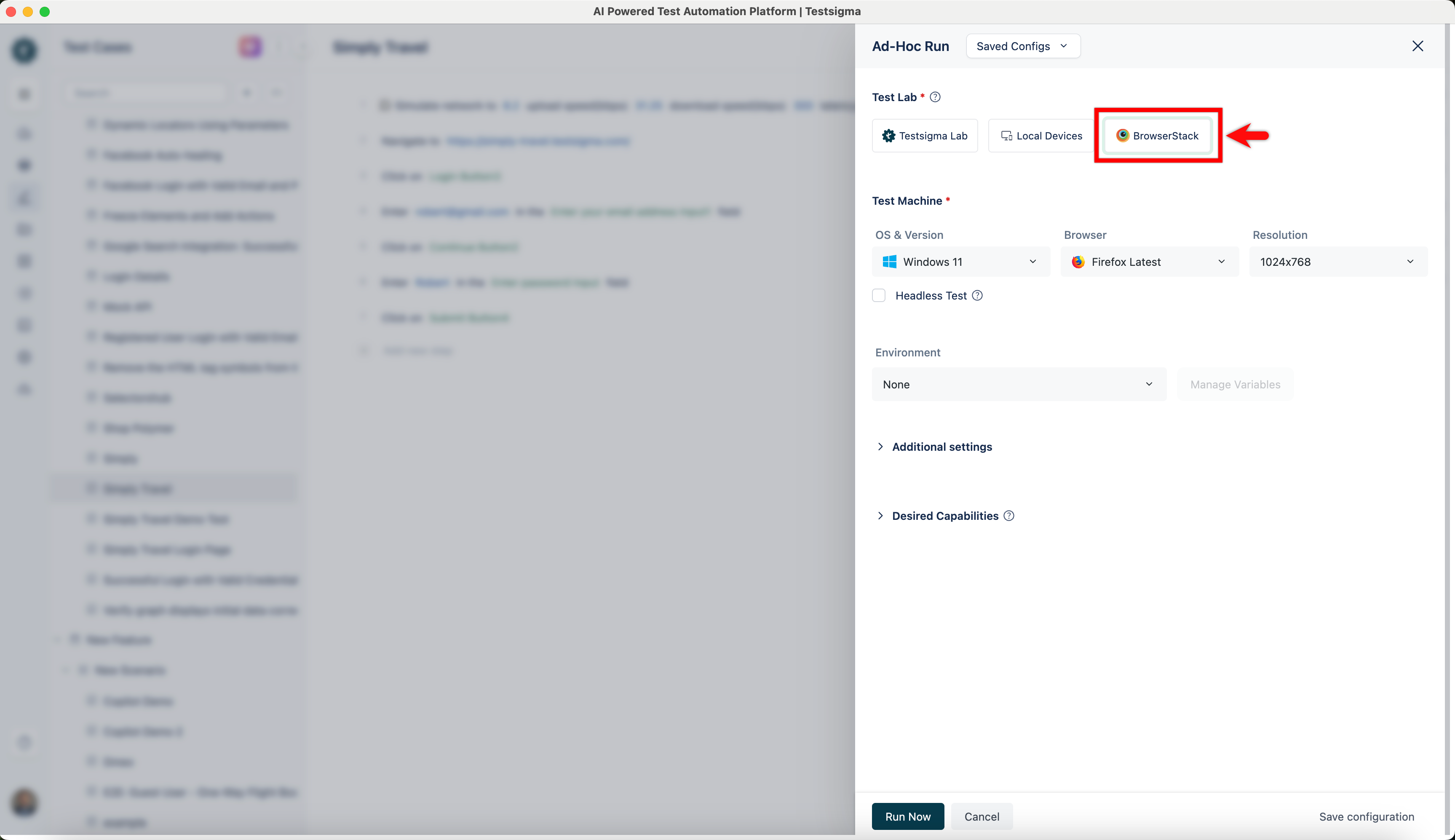 Select BrowserStack as the Test lab Type for Test Plan Run or Ad-hoc Run GIF