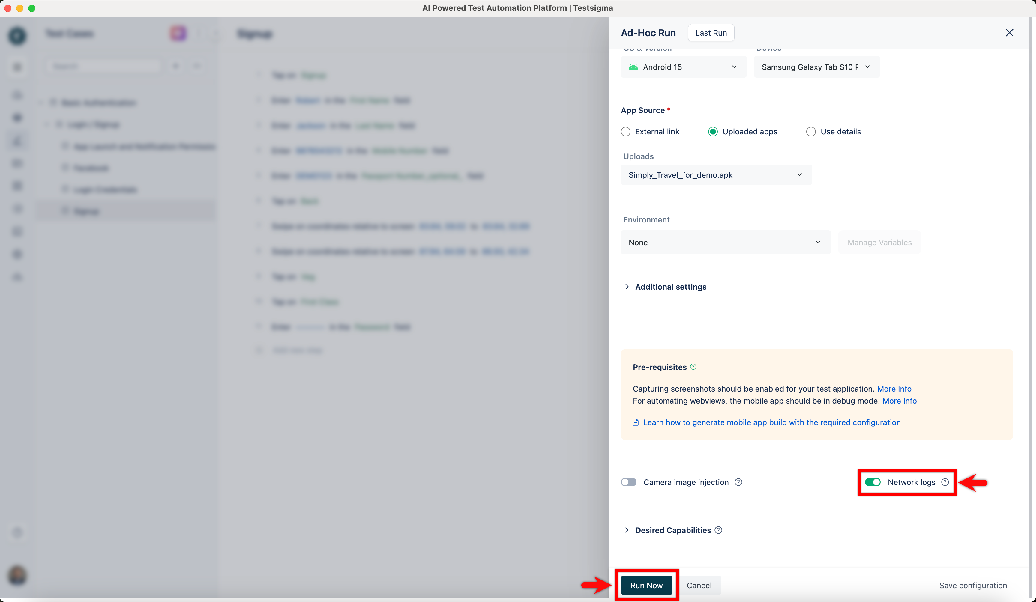 Enable Network Log in Test Case