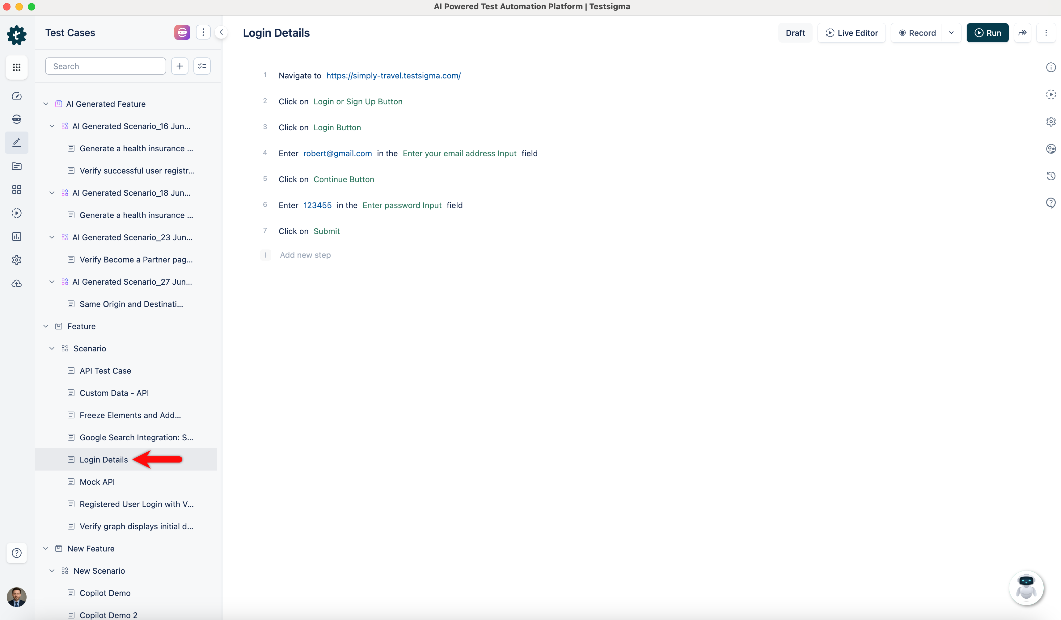 Select an existing test case