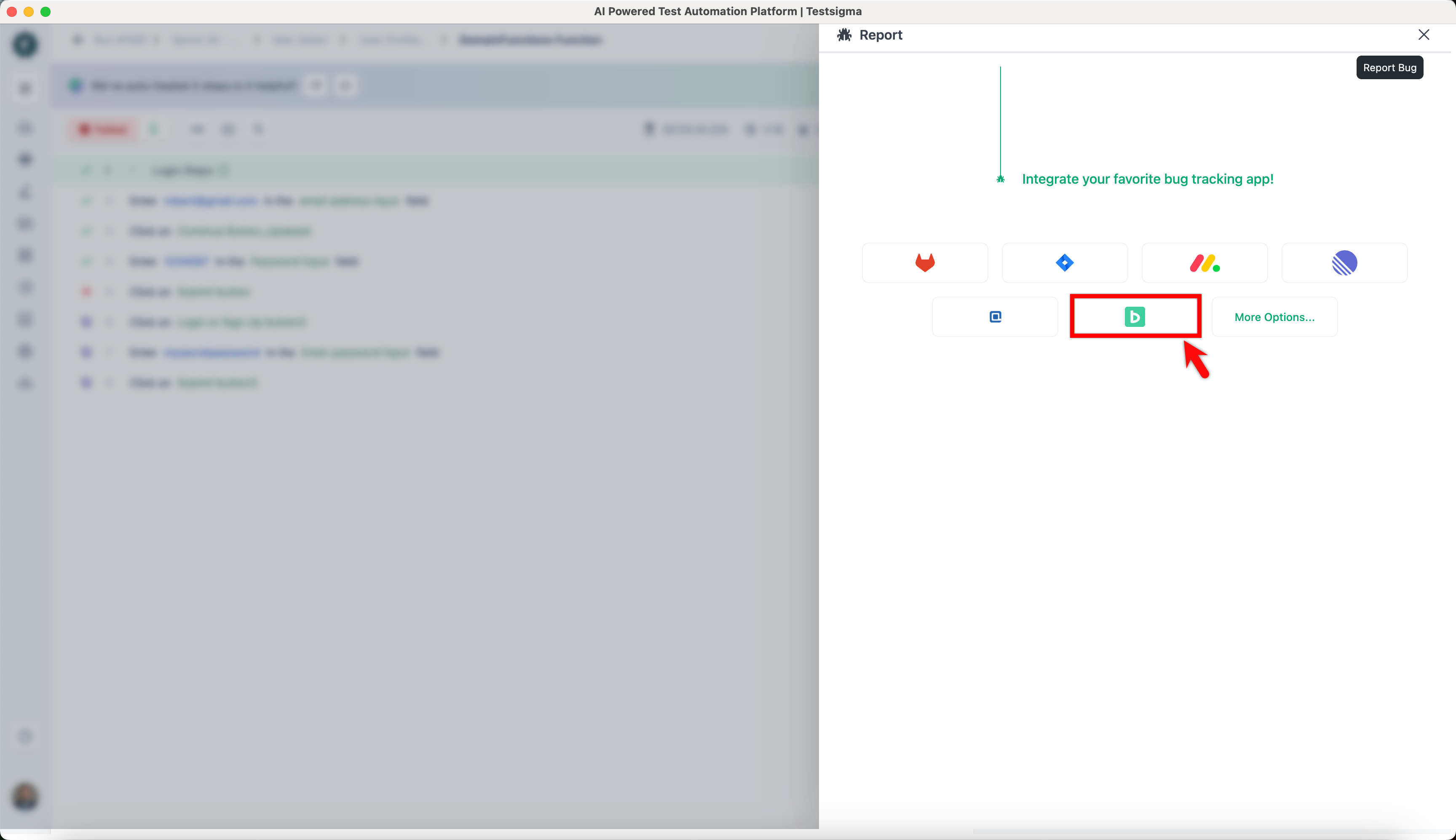 Sample Task reported from Testsigma Bug Reporting Integration in Test Results page