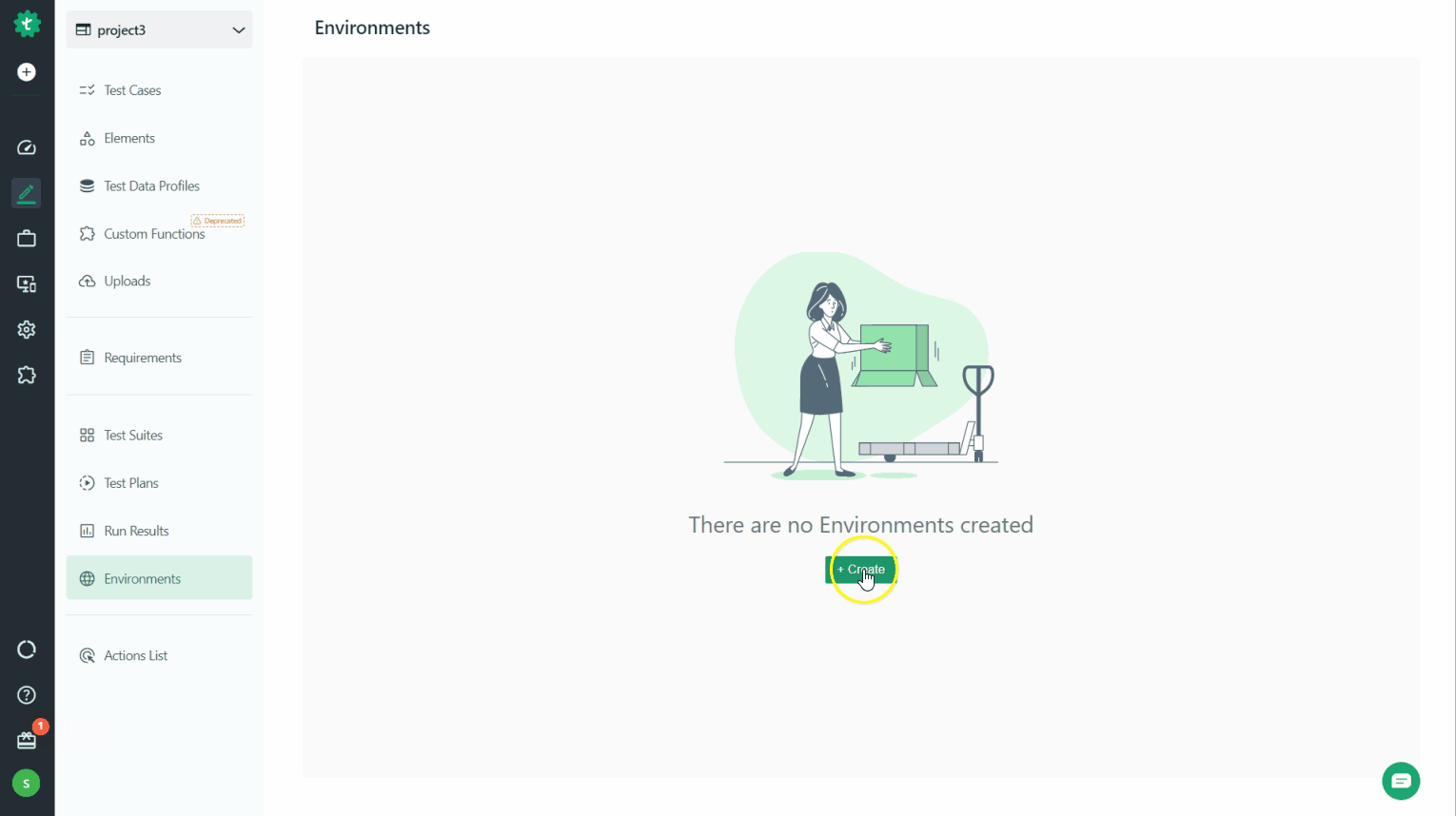 create button on the environments page in Testsigma