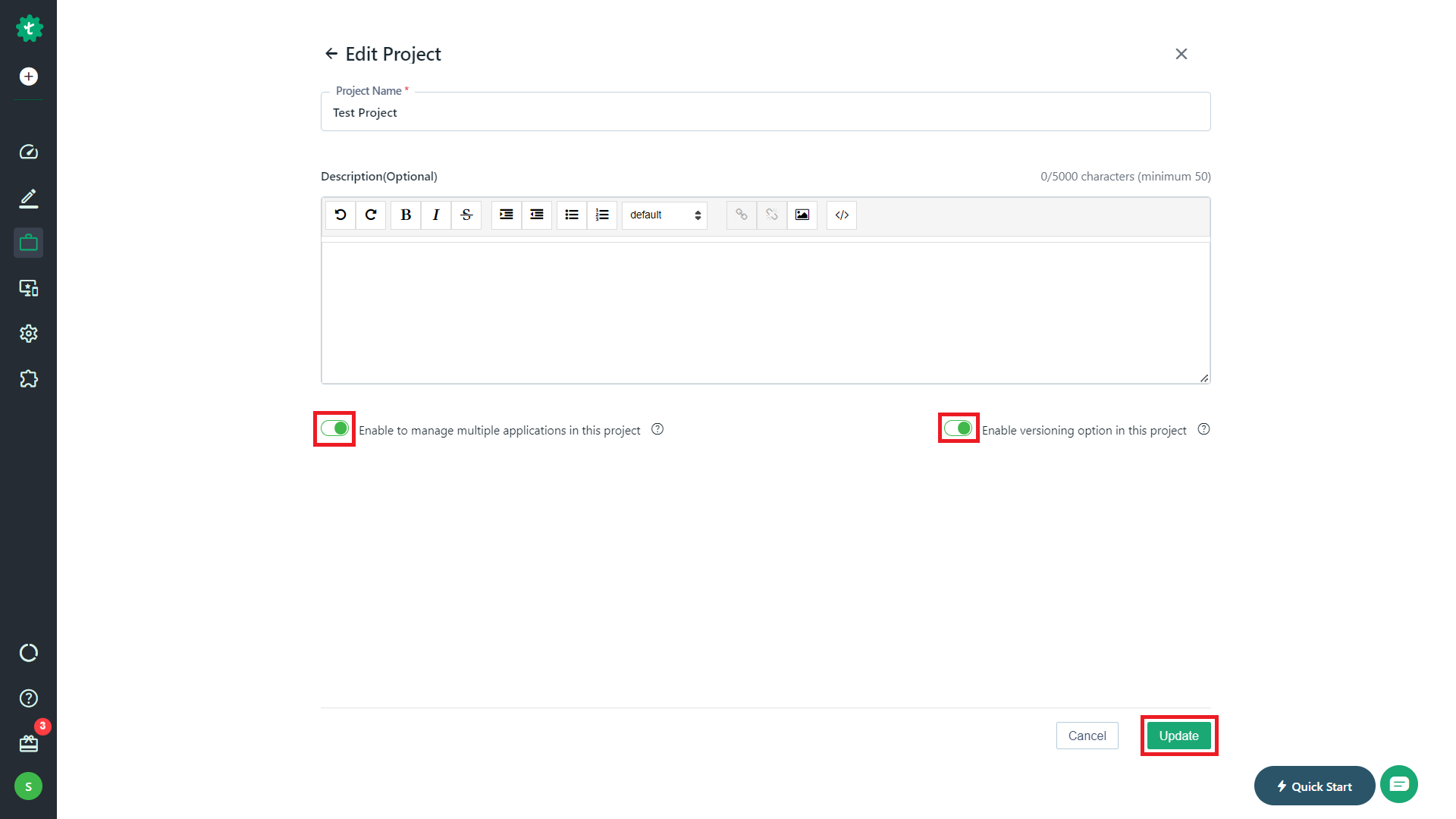 Edit Project page from Project Settings