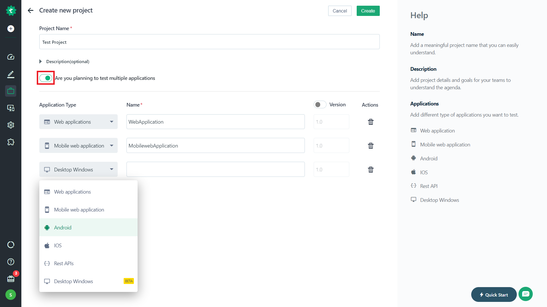 Select Multiple Applications option on Creating Project