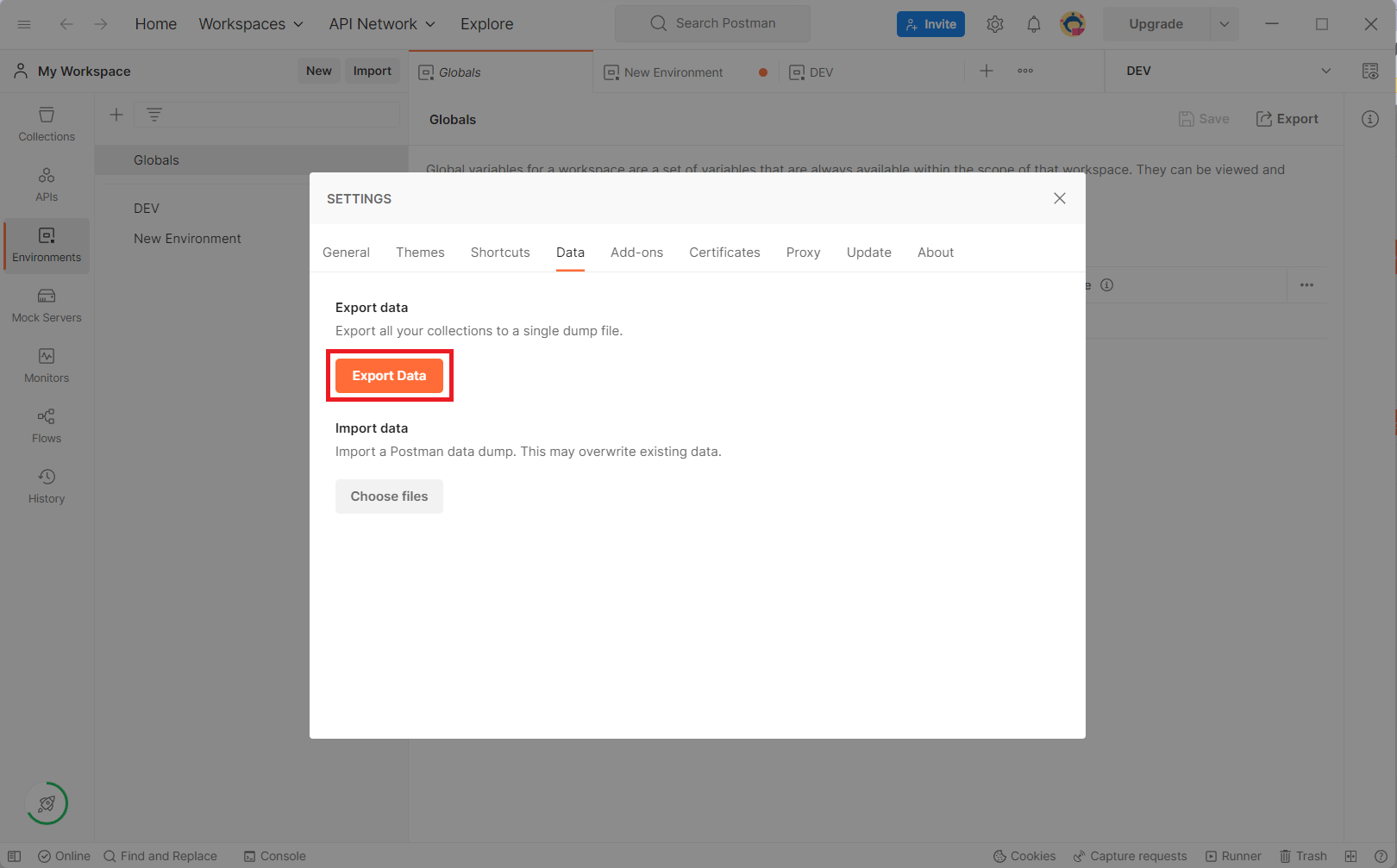 Export Data in Data Tab