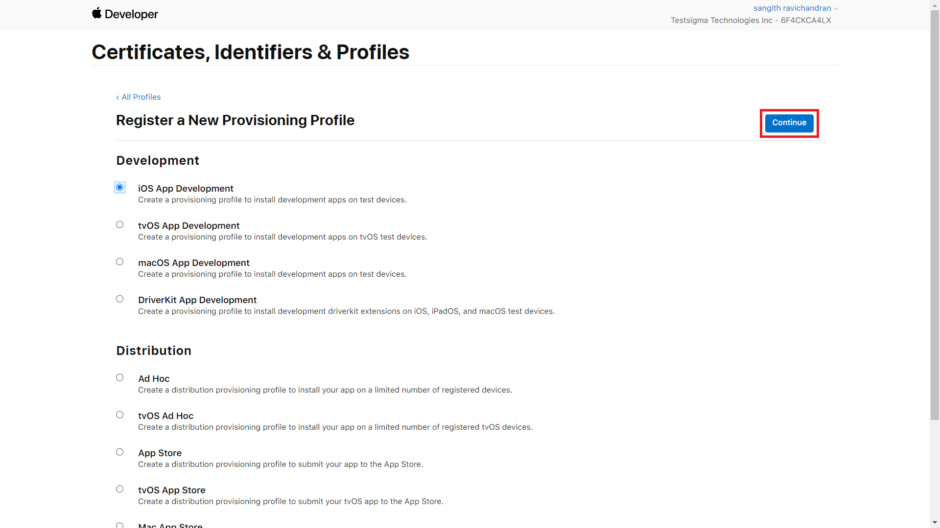 Select iOS App Developer and click continue