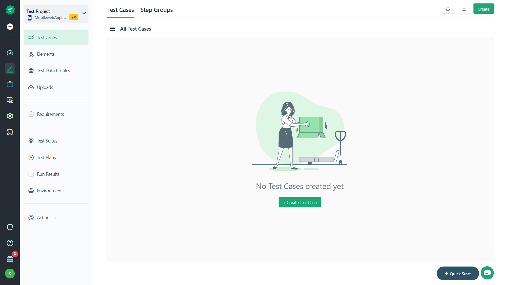 Test Cases page after creating project