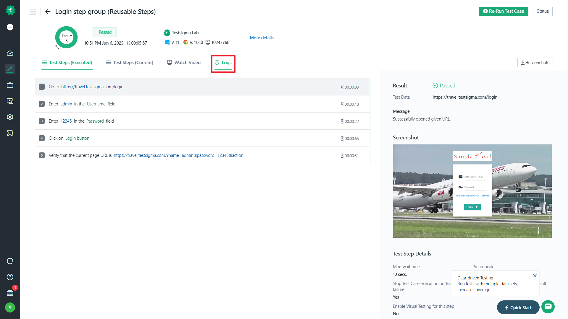 Run Test Case Page