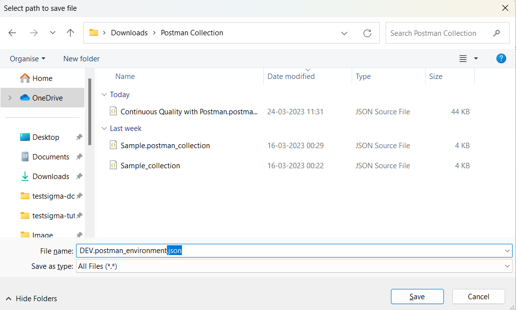 Save Environment in JSON format