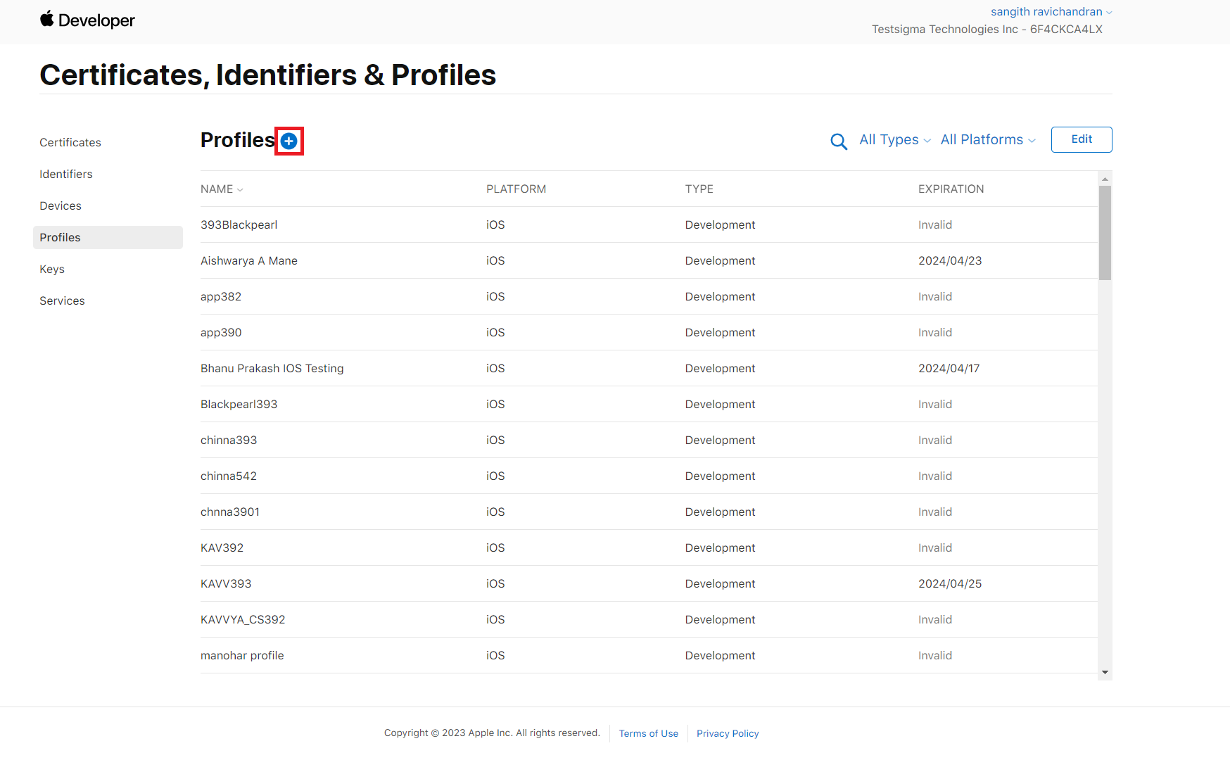 Select Profiles in Apple Portal