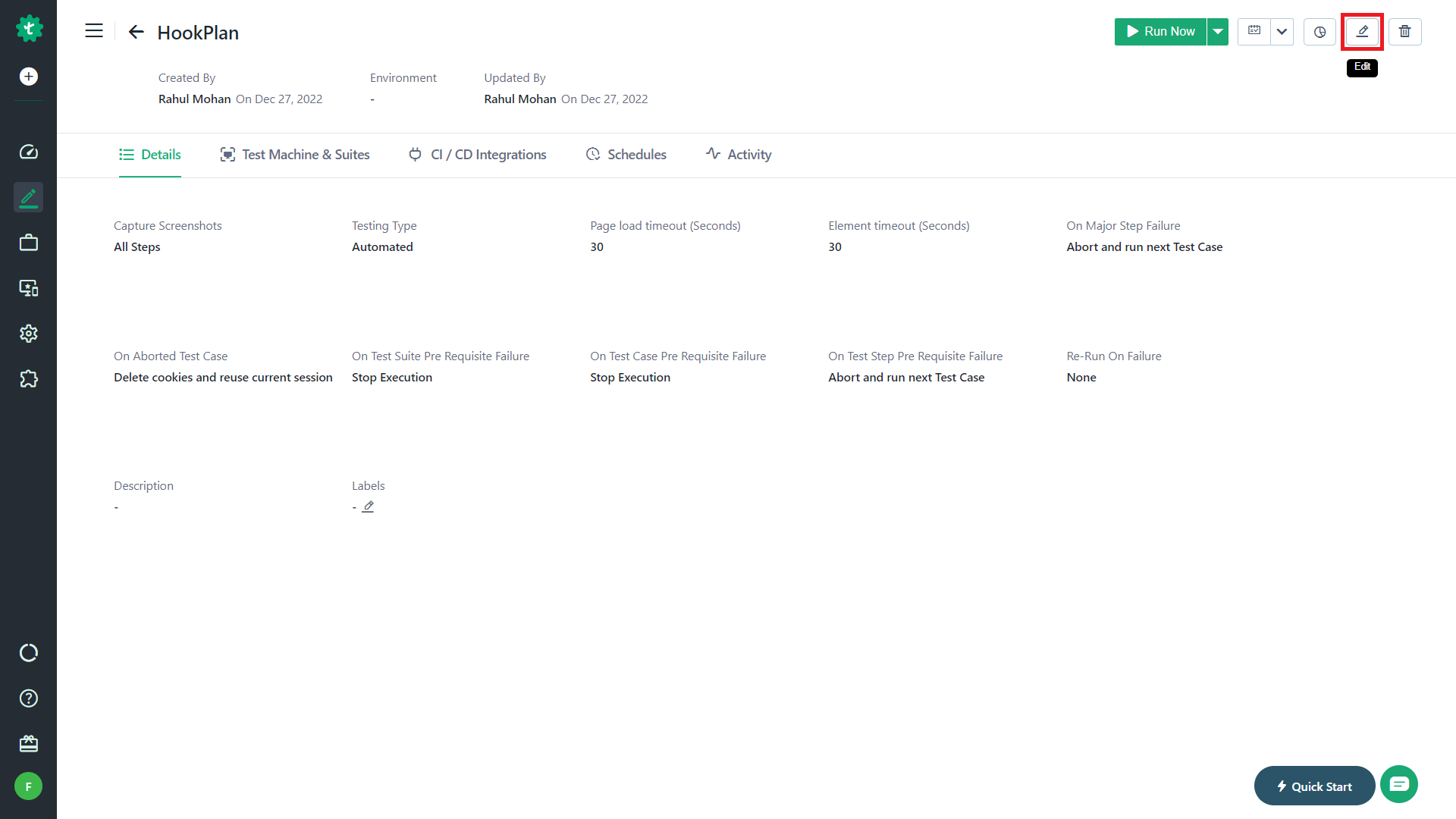 Edit in test plan homepage