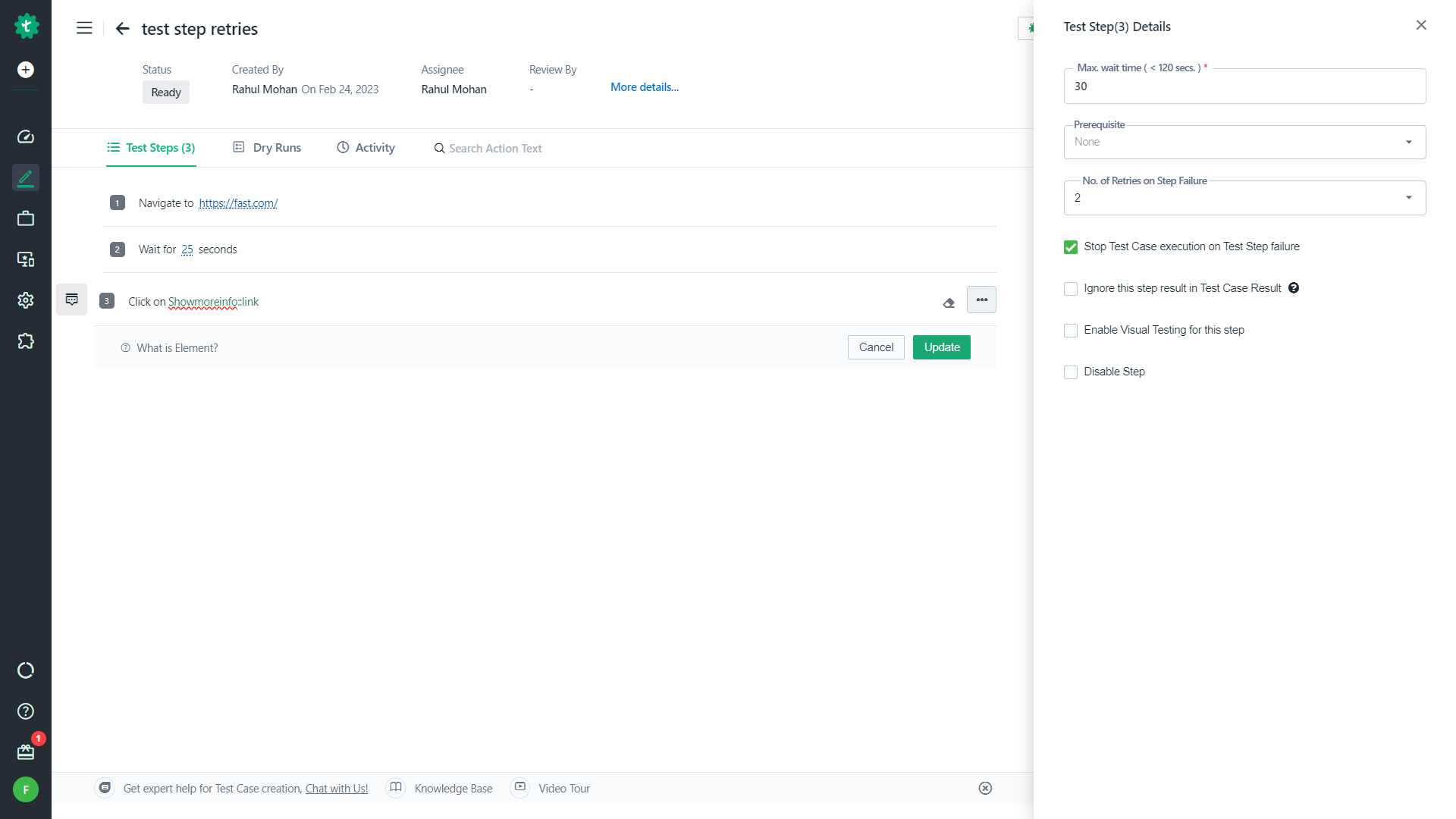 Advanced Options overlay while creating a Test Step