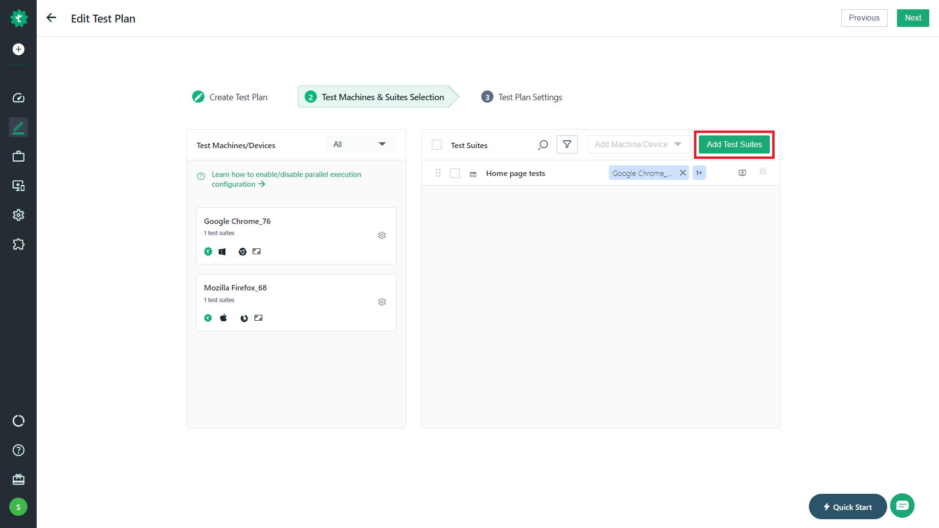New Test Plan UI - add test suites area highlighted