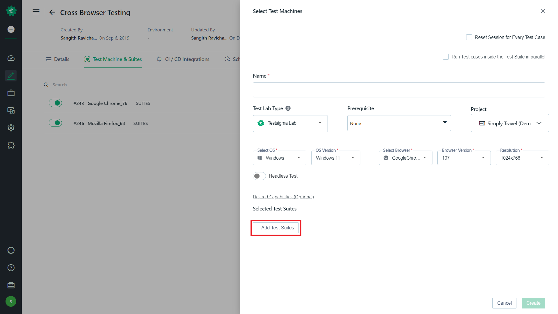 Selected Test Suites Button on Test Plan Details page in Testsigma