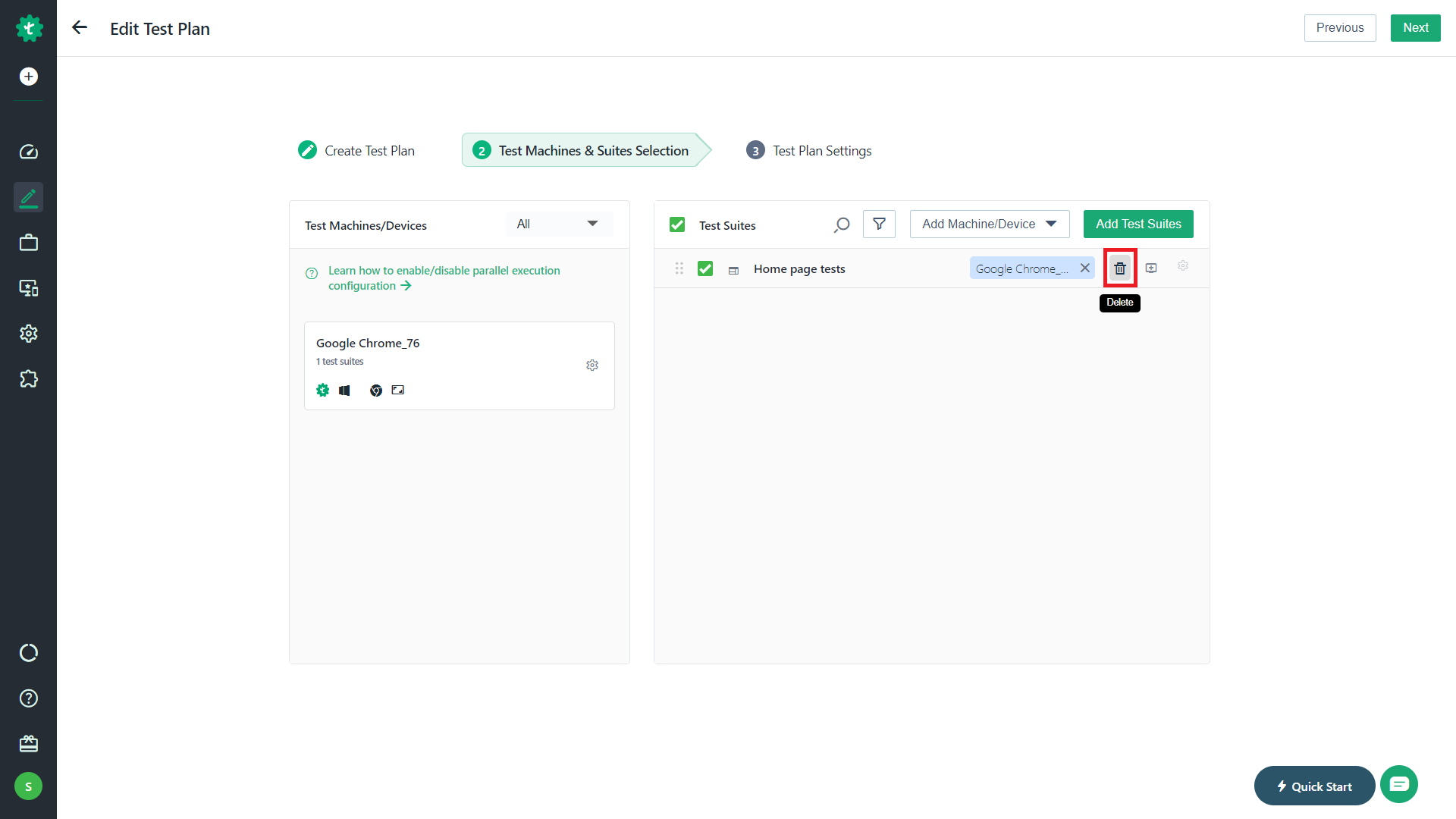 New Test Plan UI - delete test suite button