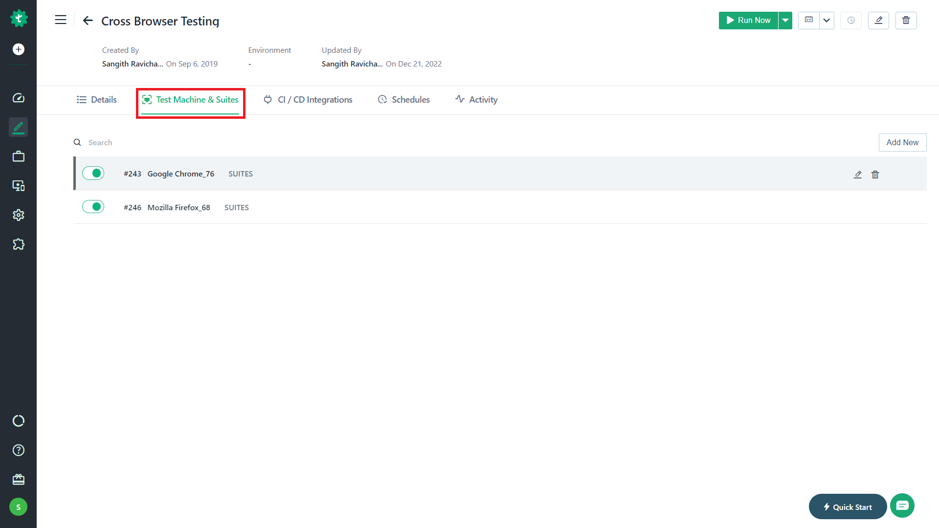 Test Suites Tab on Test Plan Details page in Testsigma