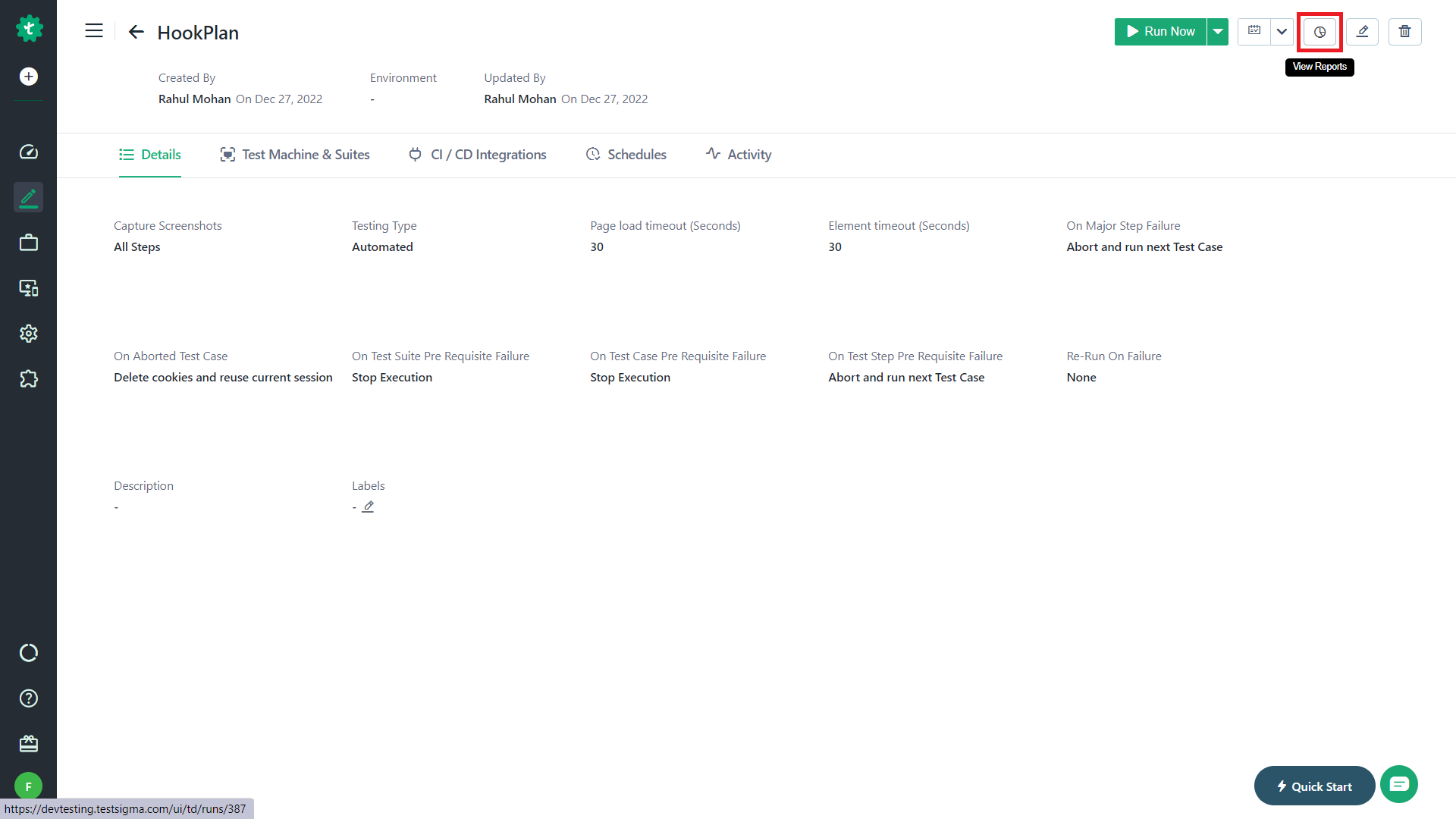 view reports in test plan