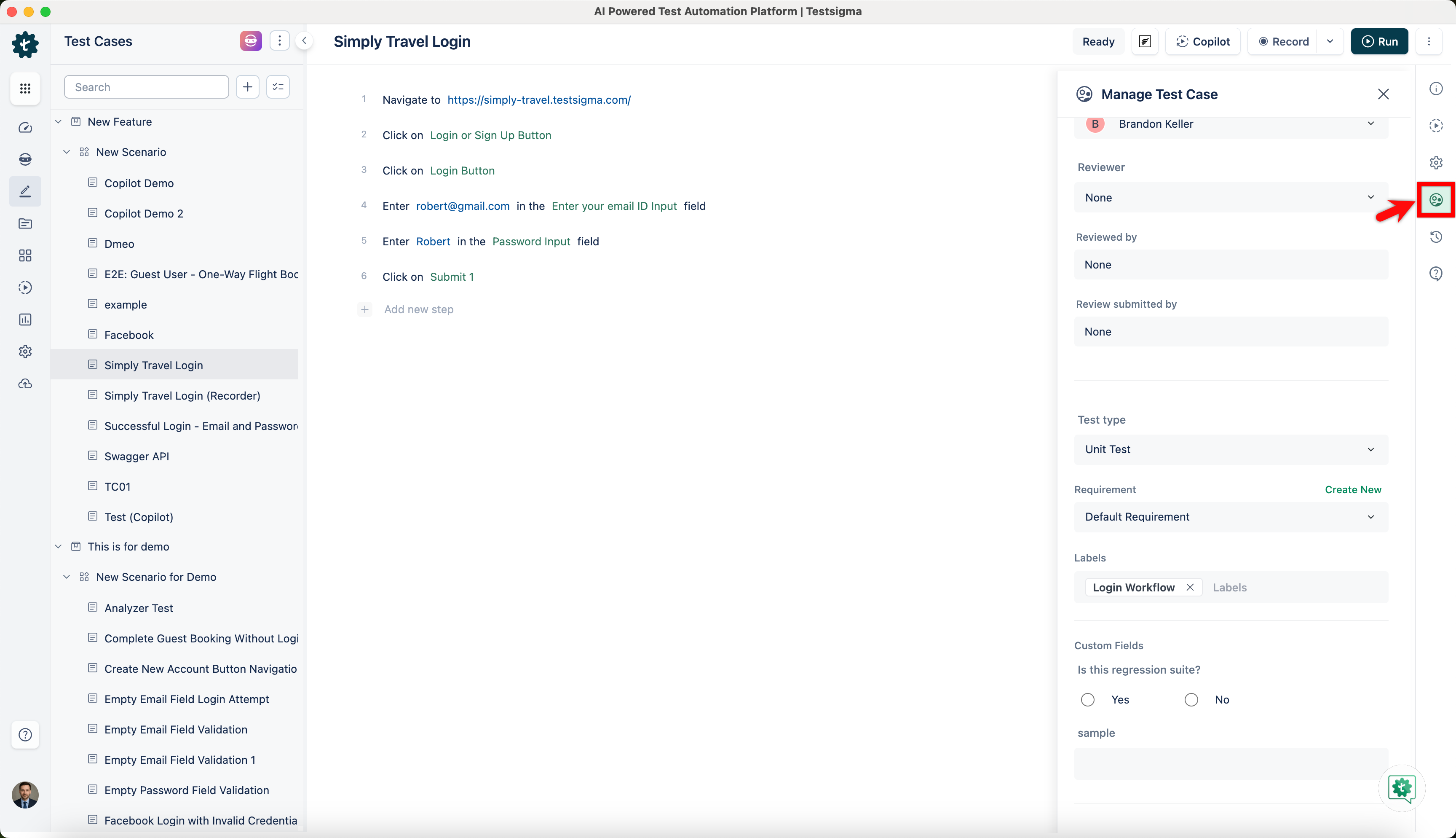 Manage Test Case Overlay