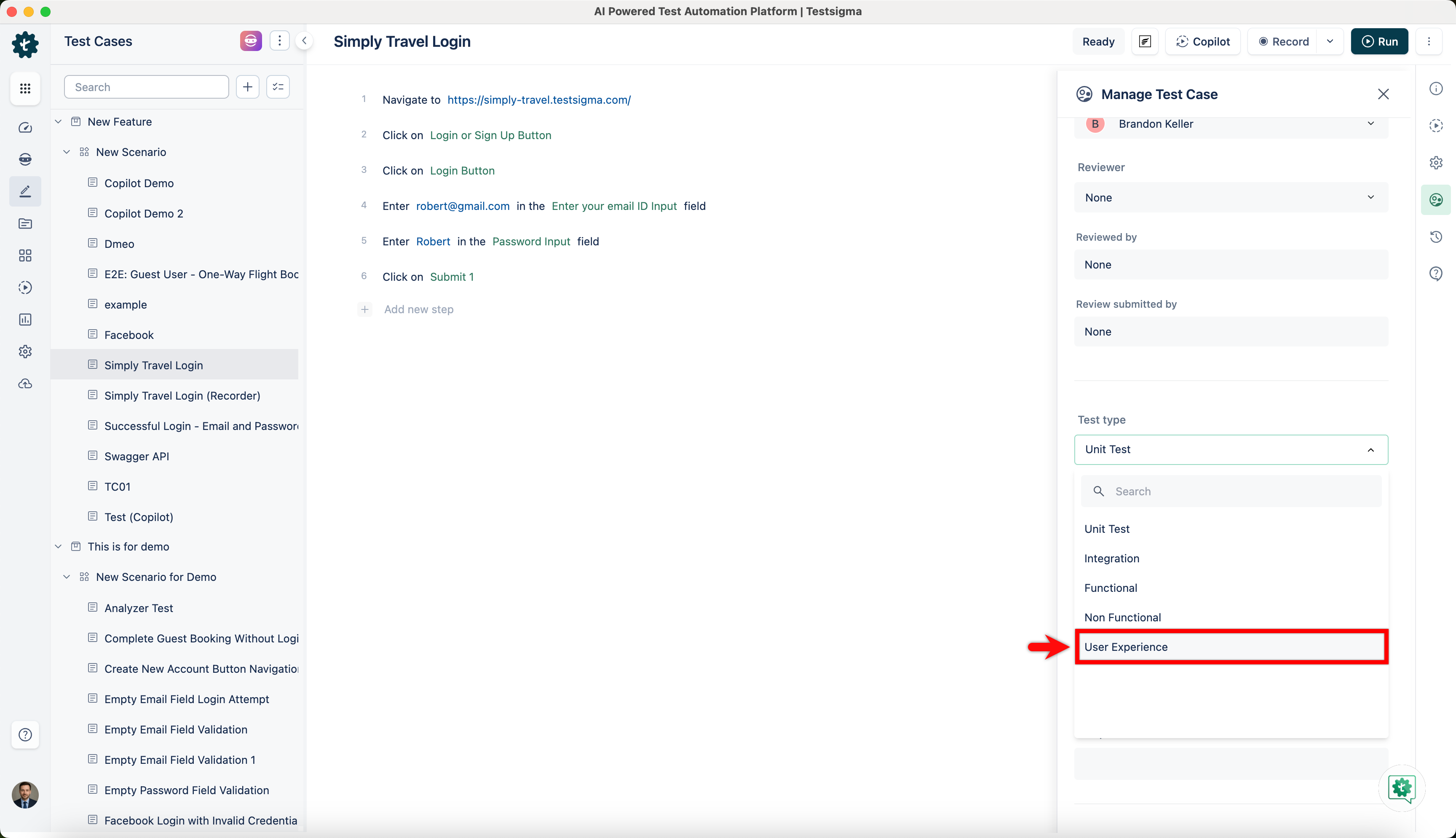Test Case Type from Dropdown