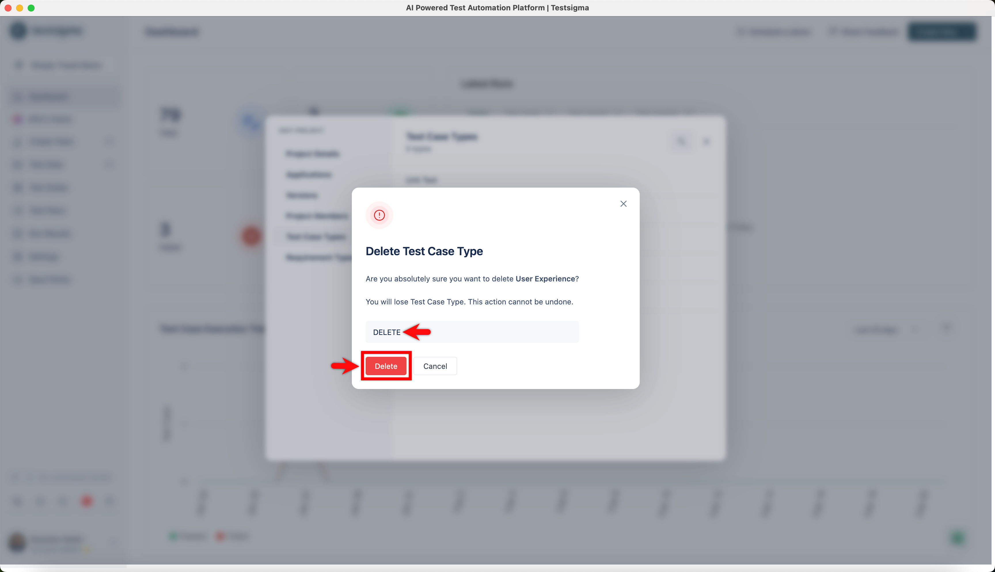 Delete a test case type 2