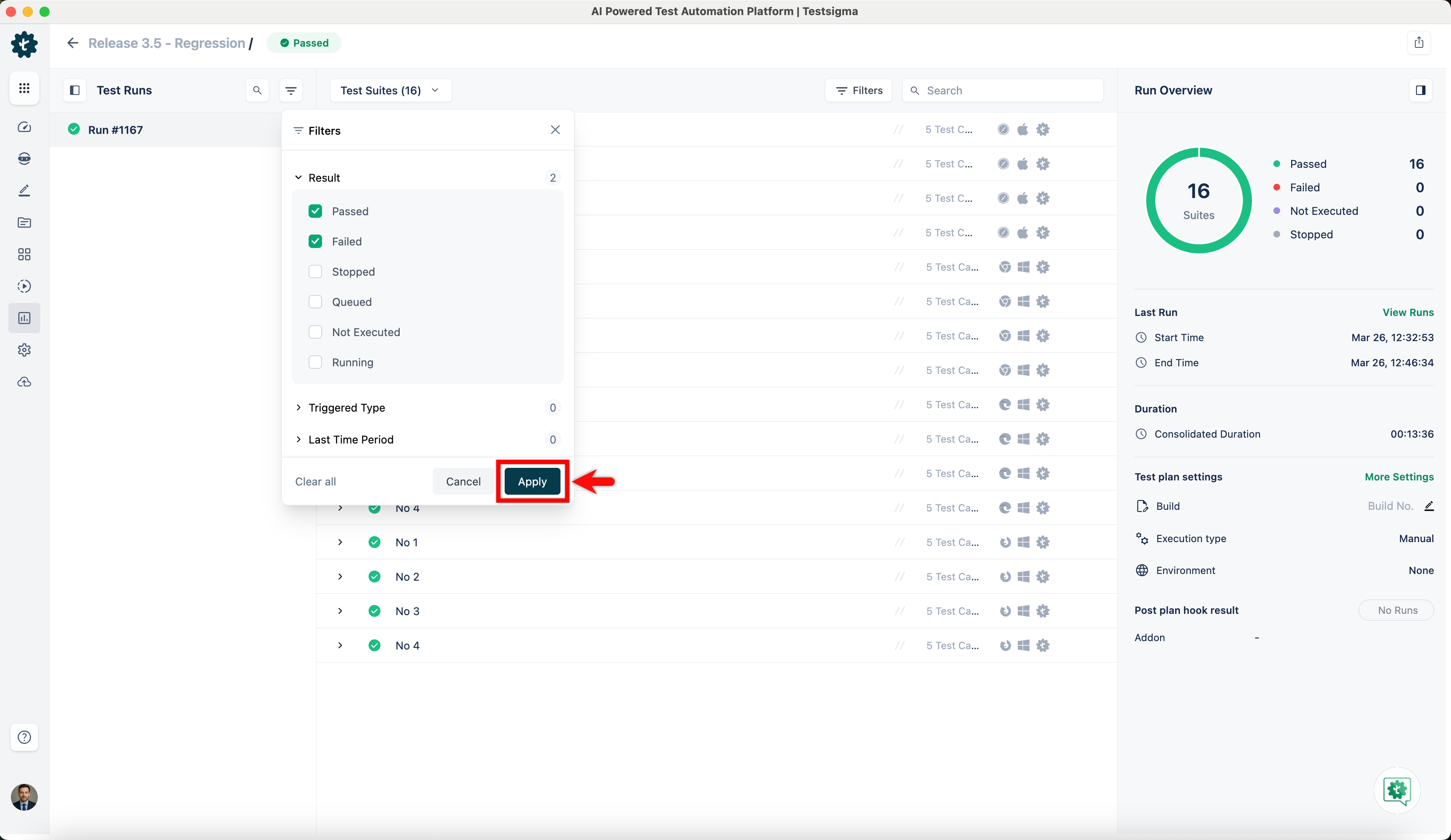 Apply Filter to Test Runs