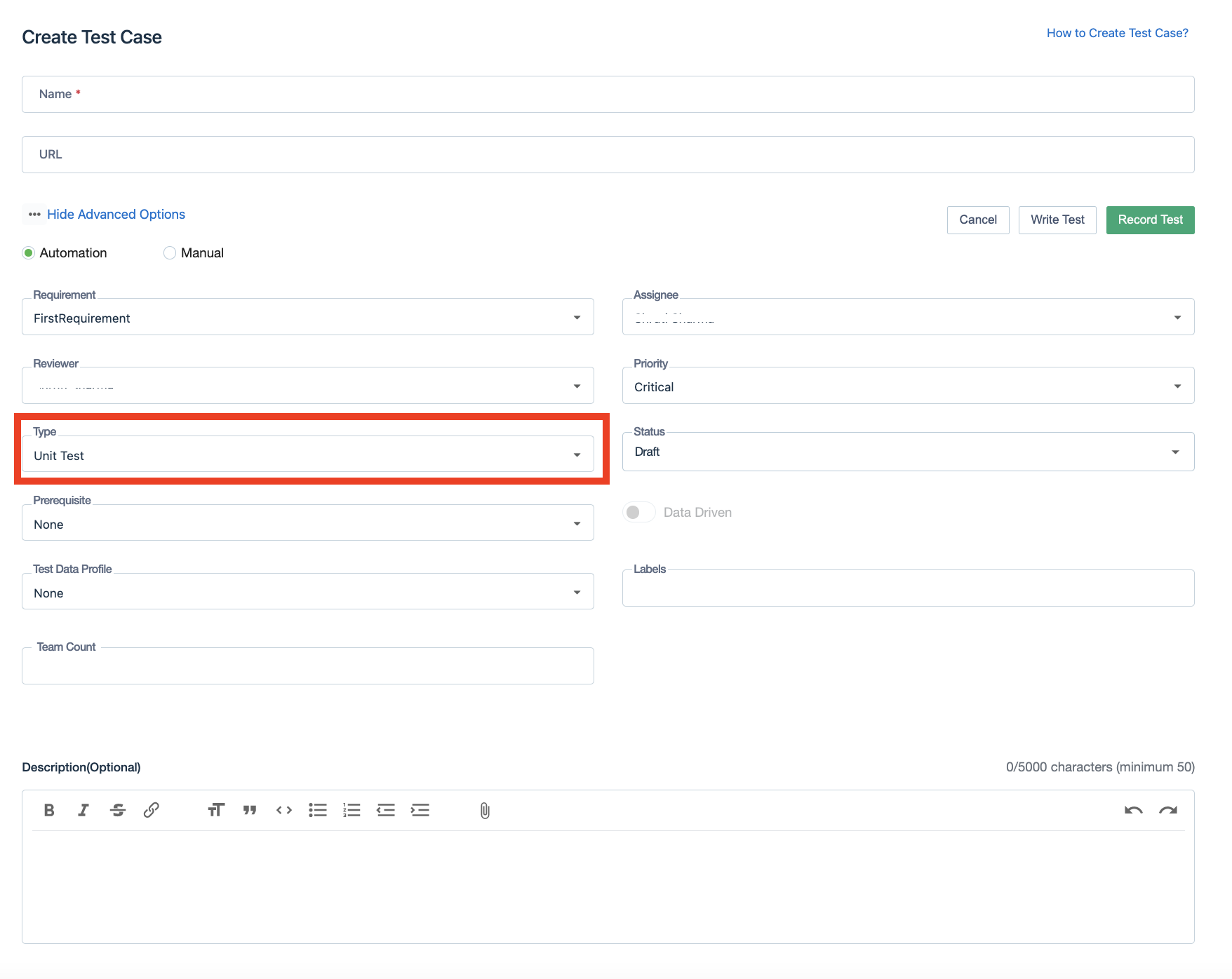 create test case assign type