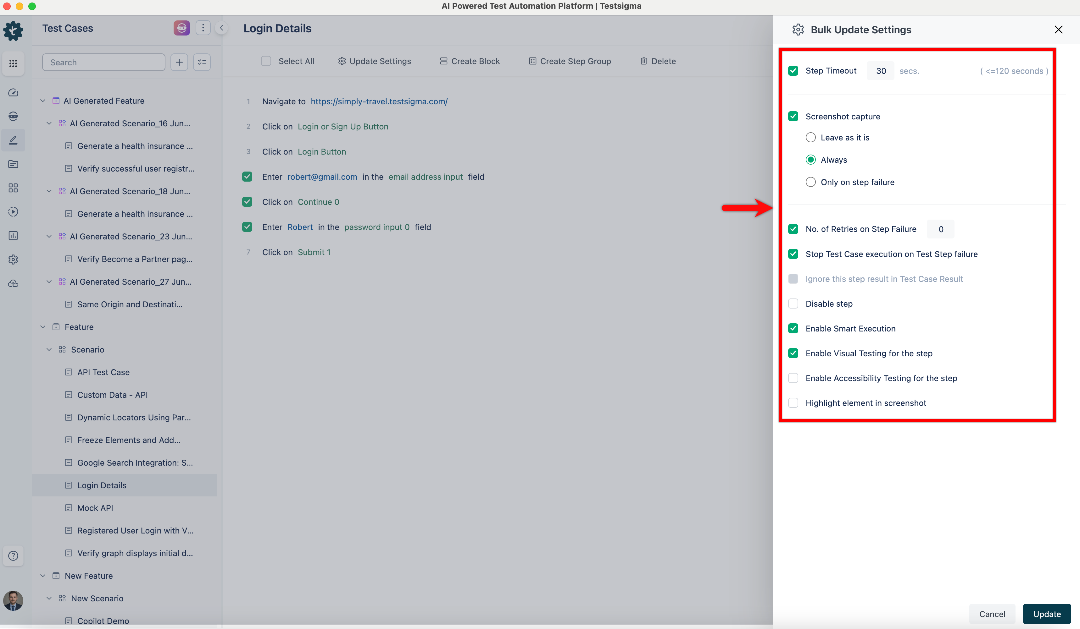 Update Step Settings