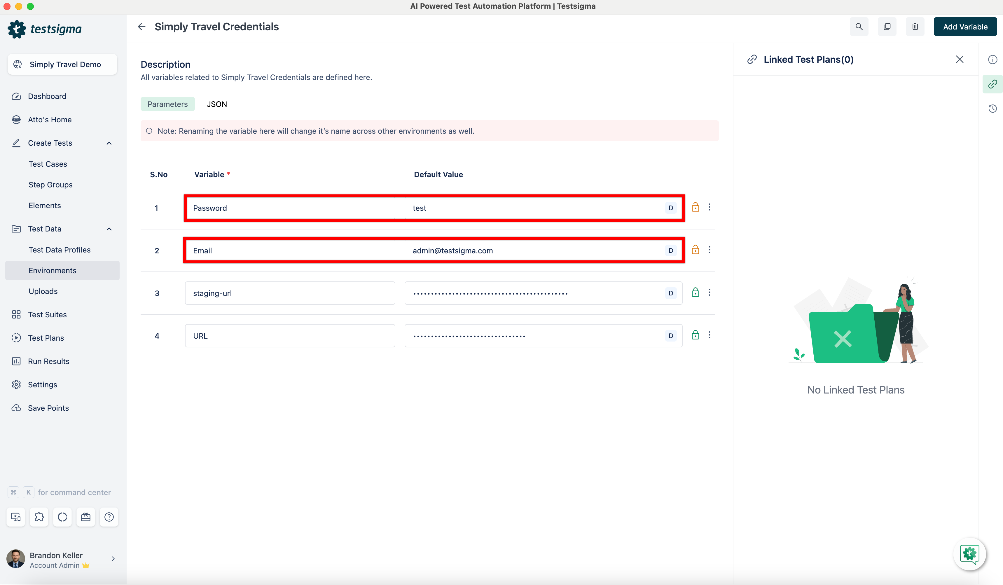 create environment parameter using tdp