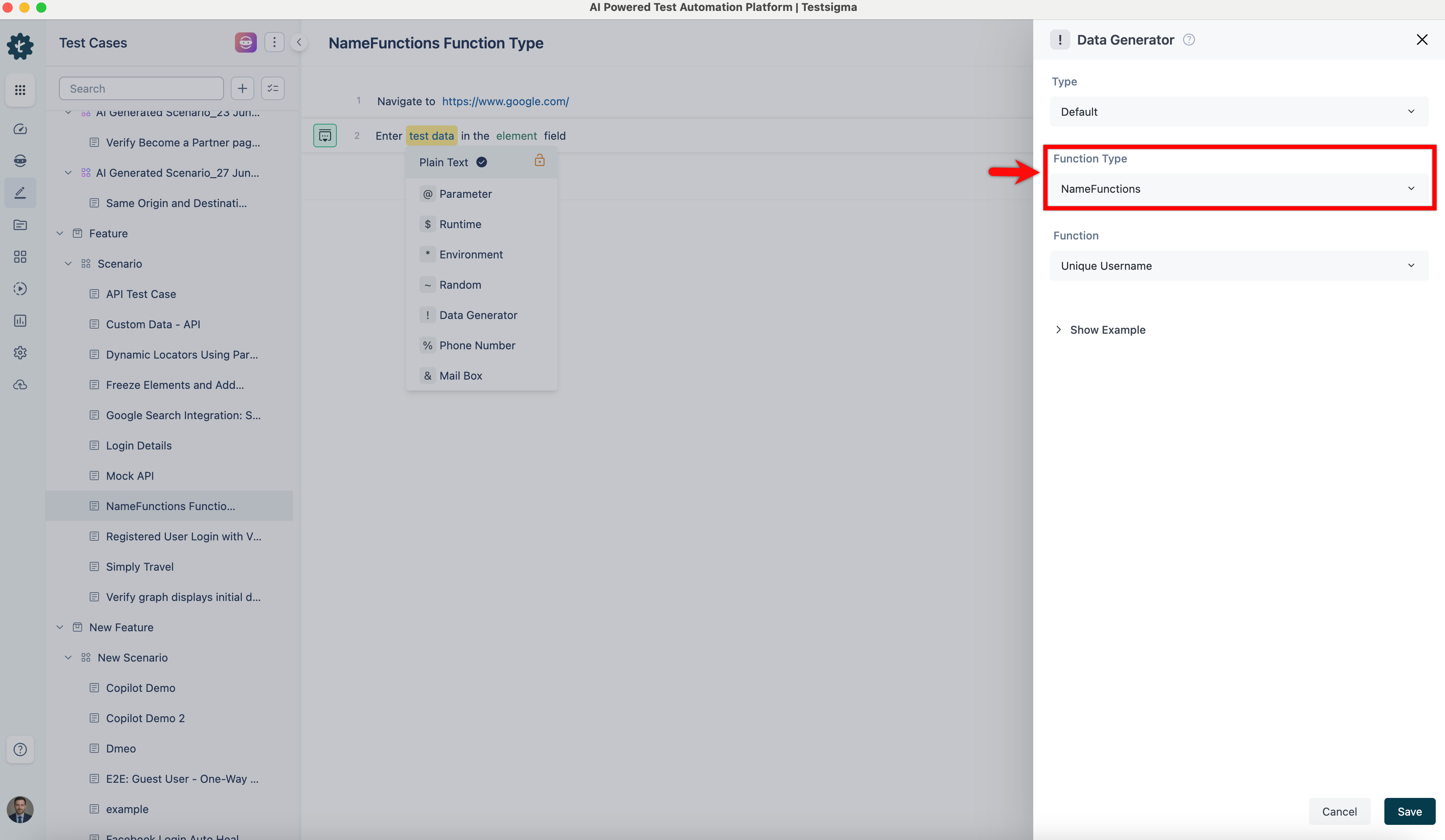select namefunctions function type from data generators
