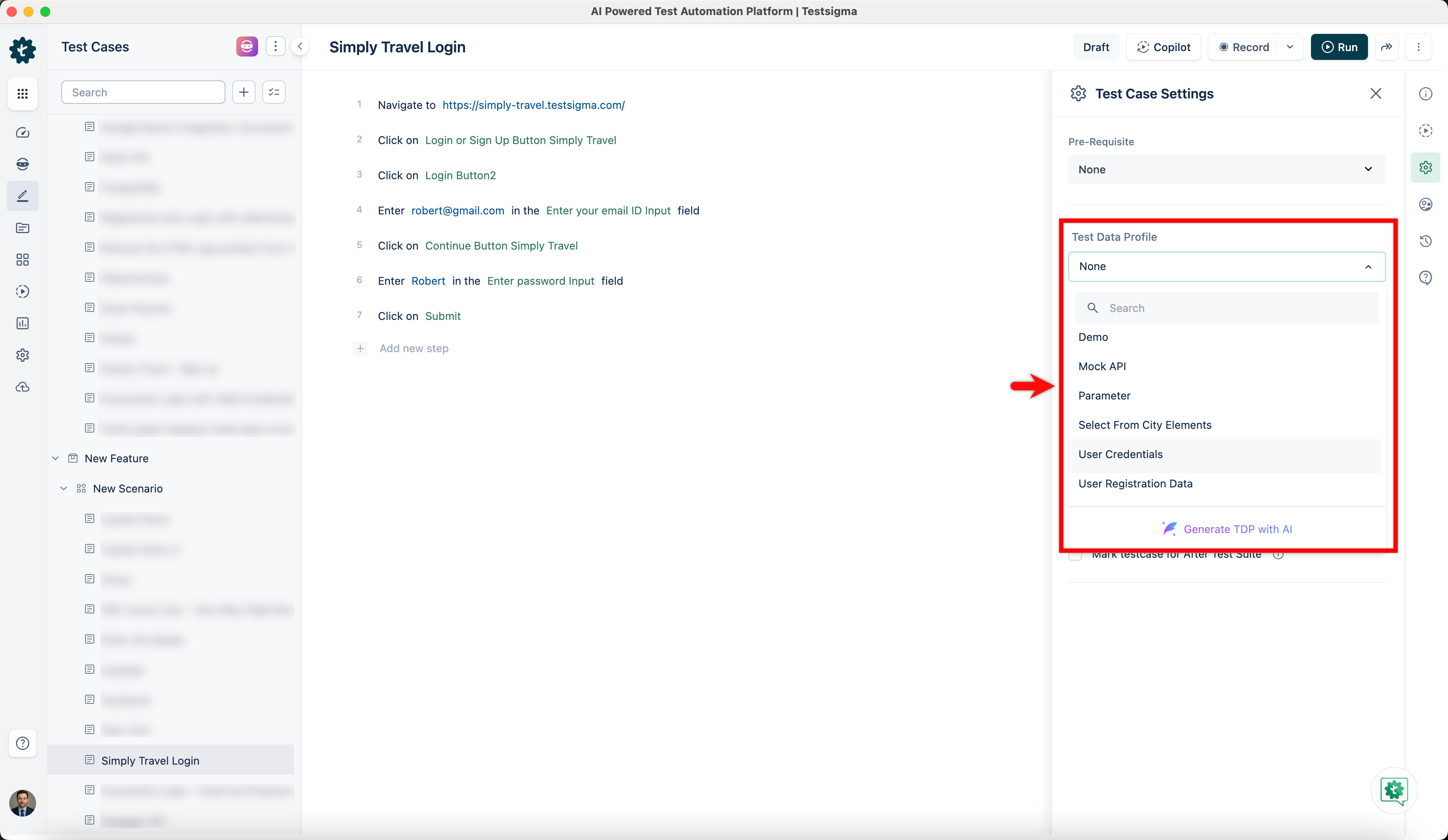 assoicate test data profile
