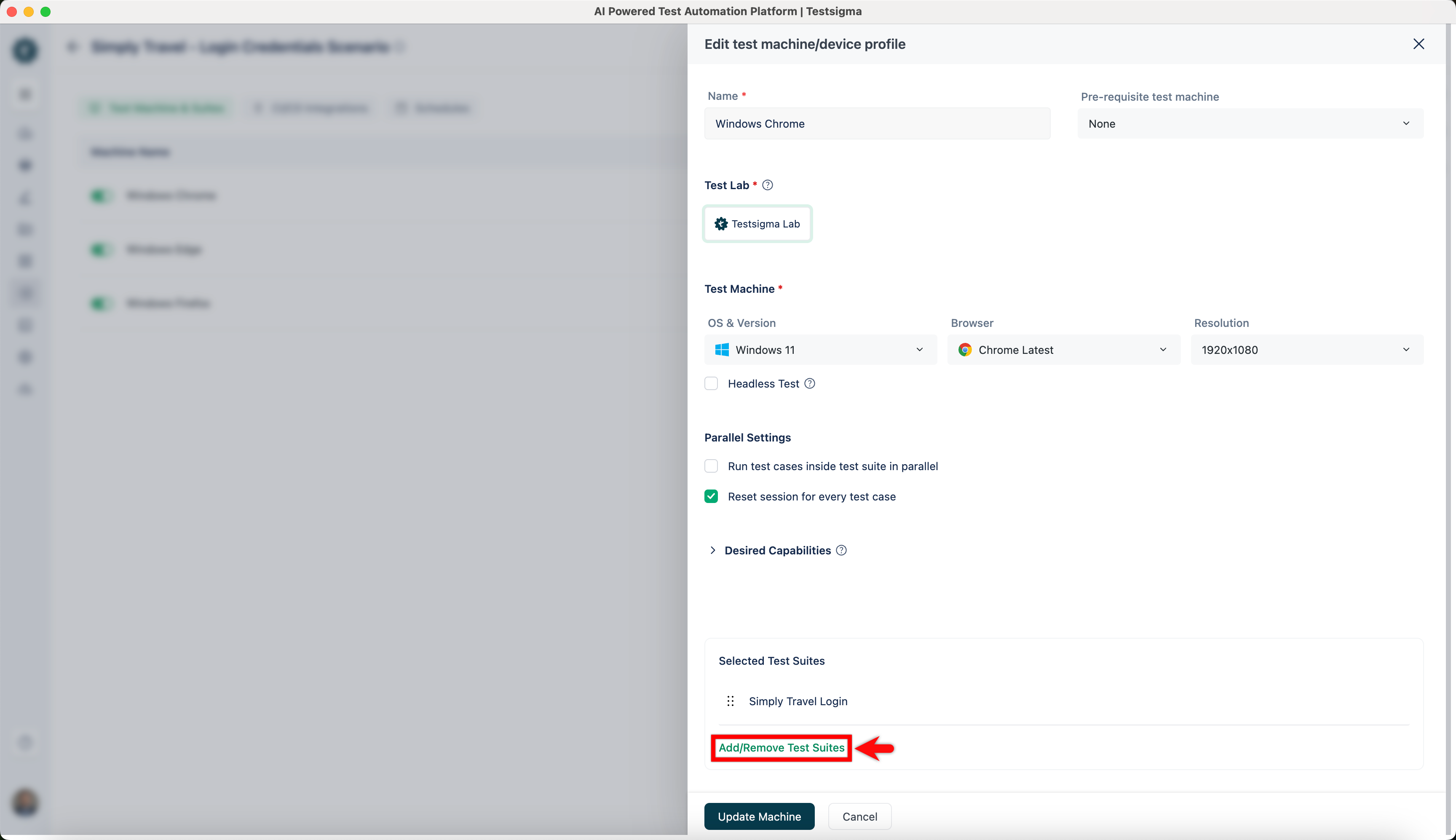 Edit test machine profile