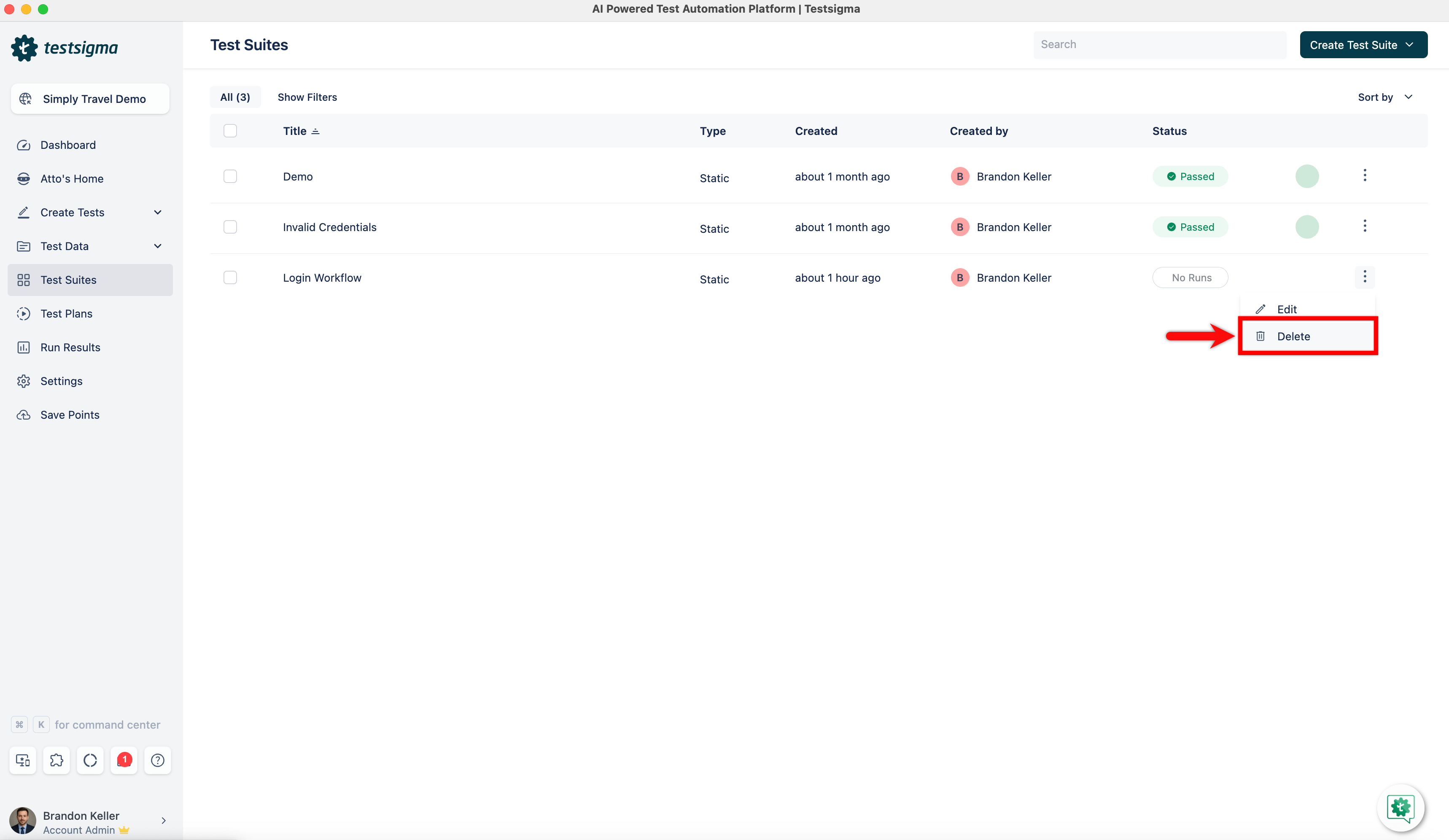 Delete Test Suite in Test Suite Details page