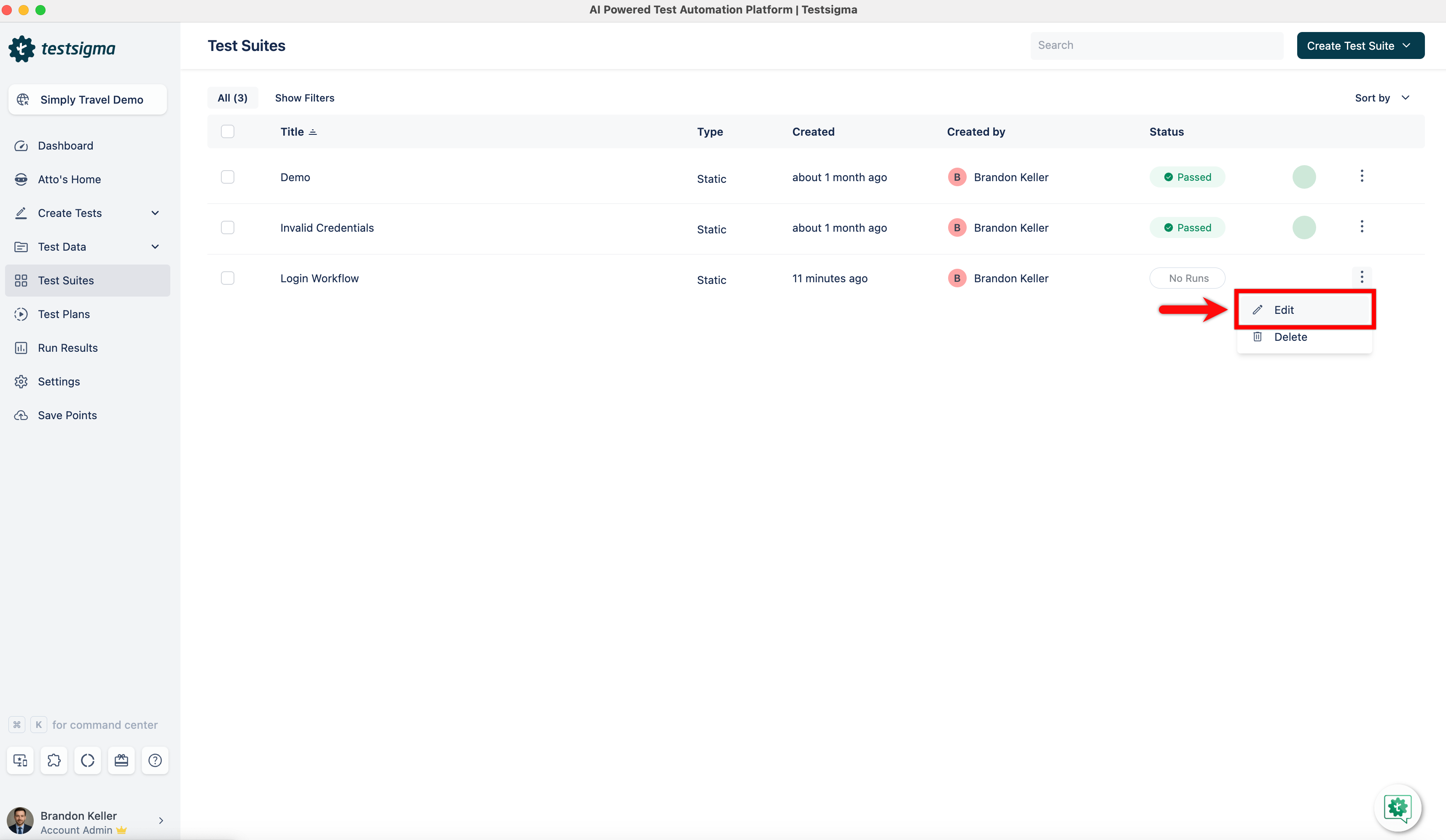 Edit Test Suite in Test Suite Details page