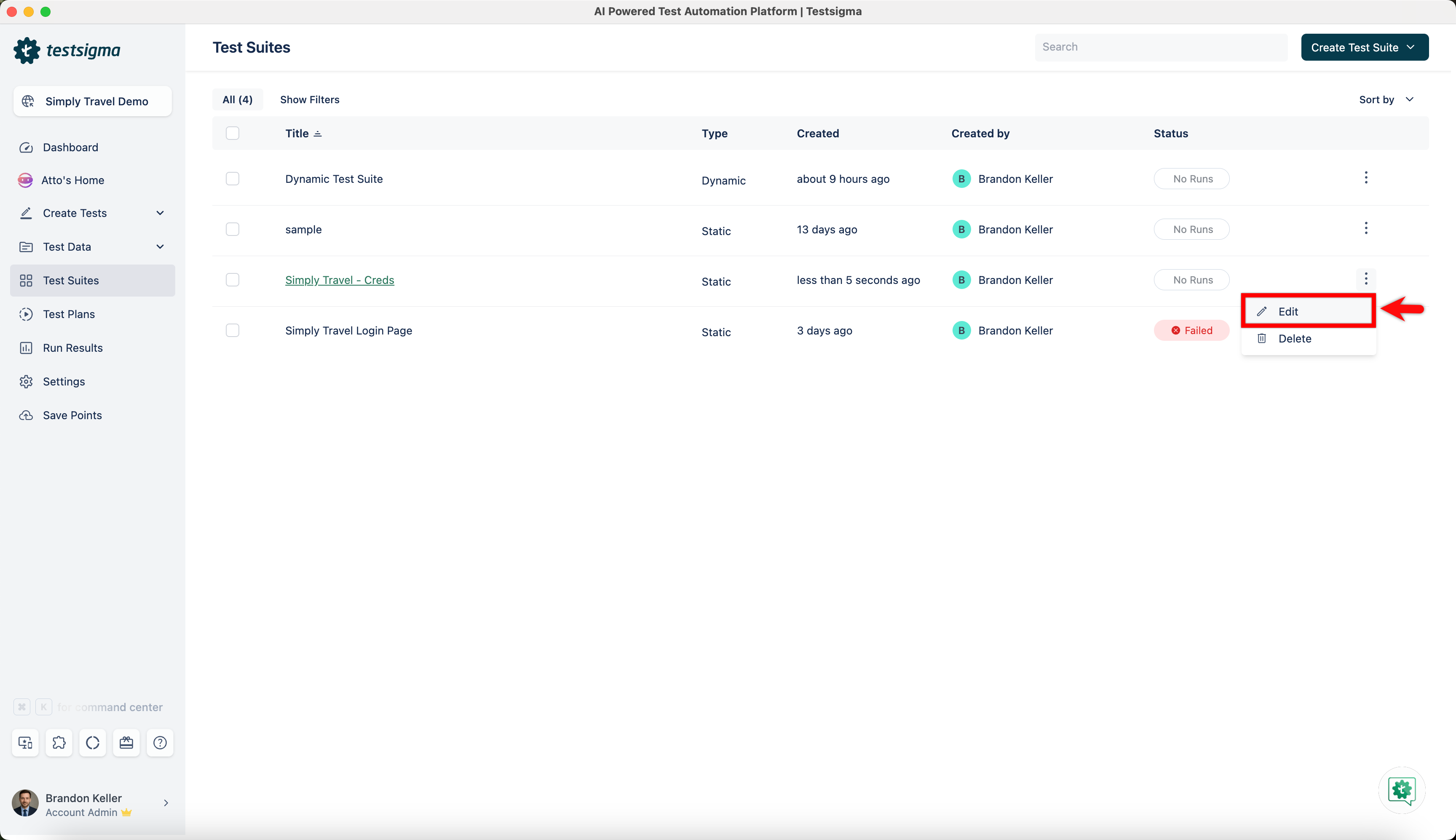 Edit Test Suite in Test Suite Details page