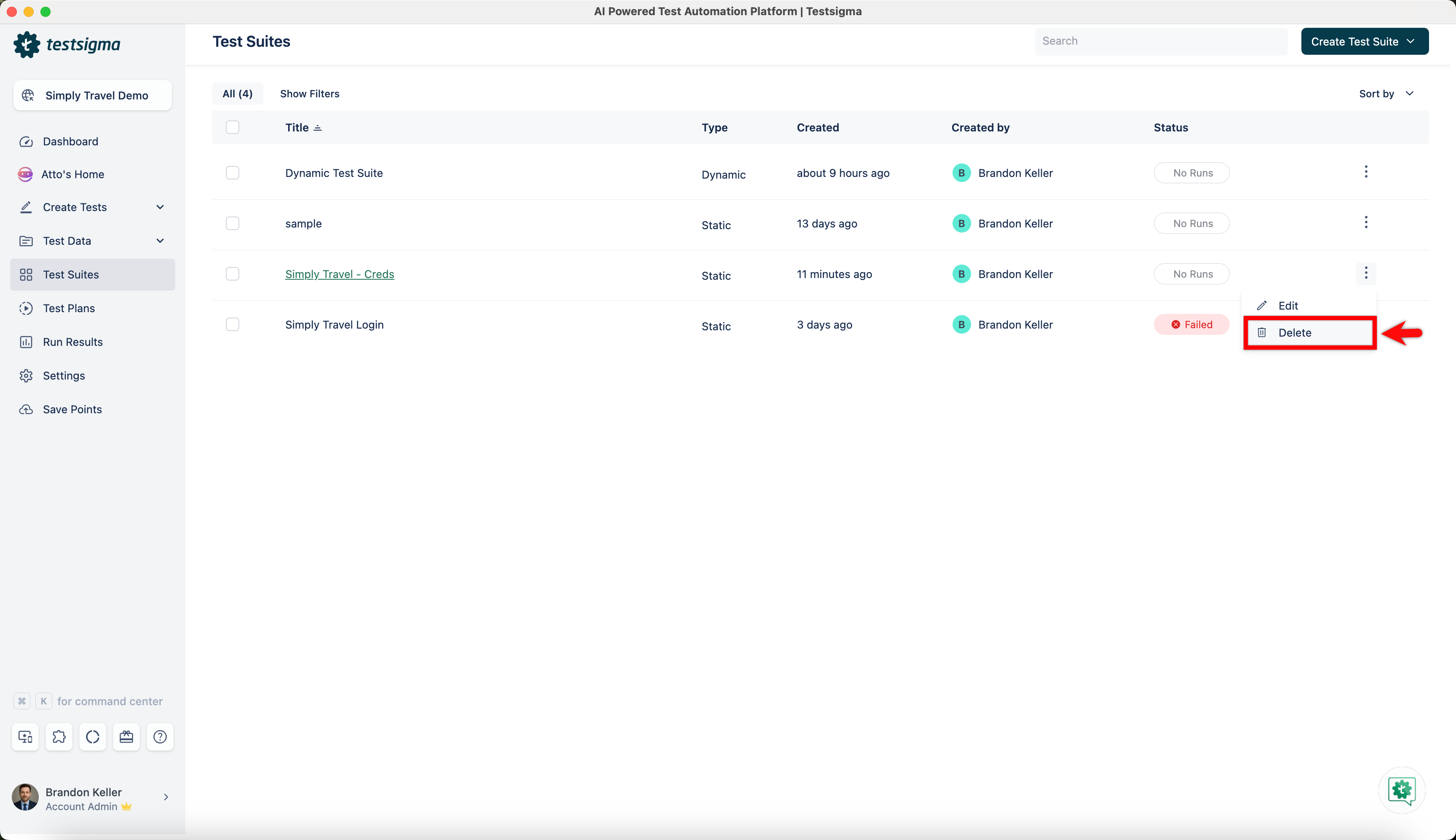 Delete Test Suite in Test Suite Details page