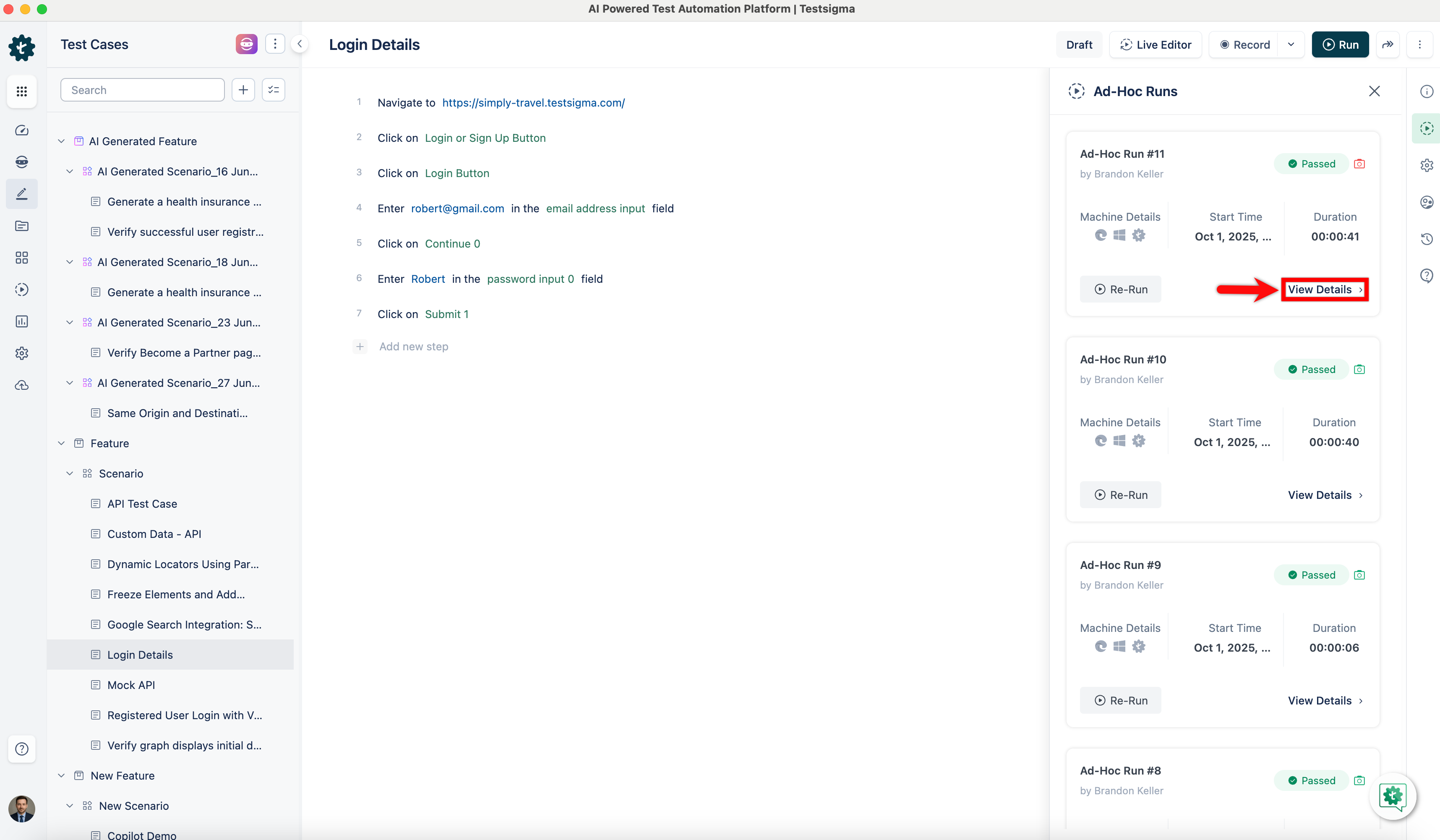 view test case result details page