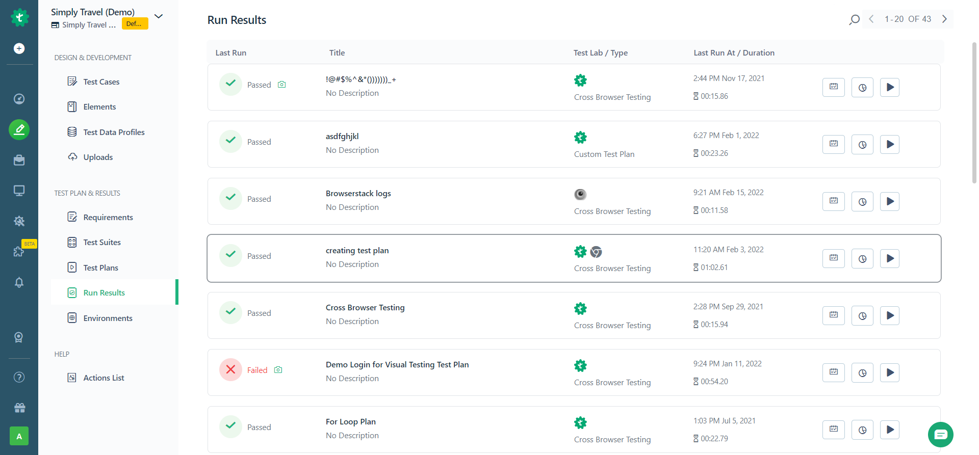 Run Results page for drill down reports in Testsigma