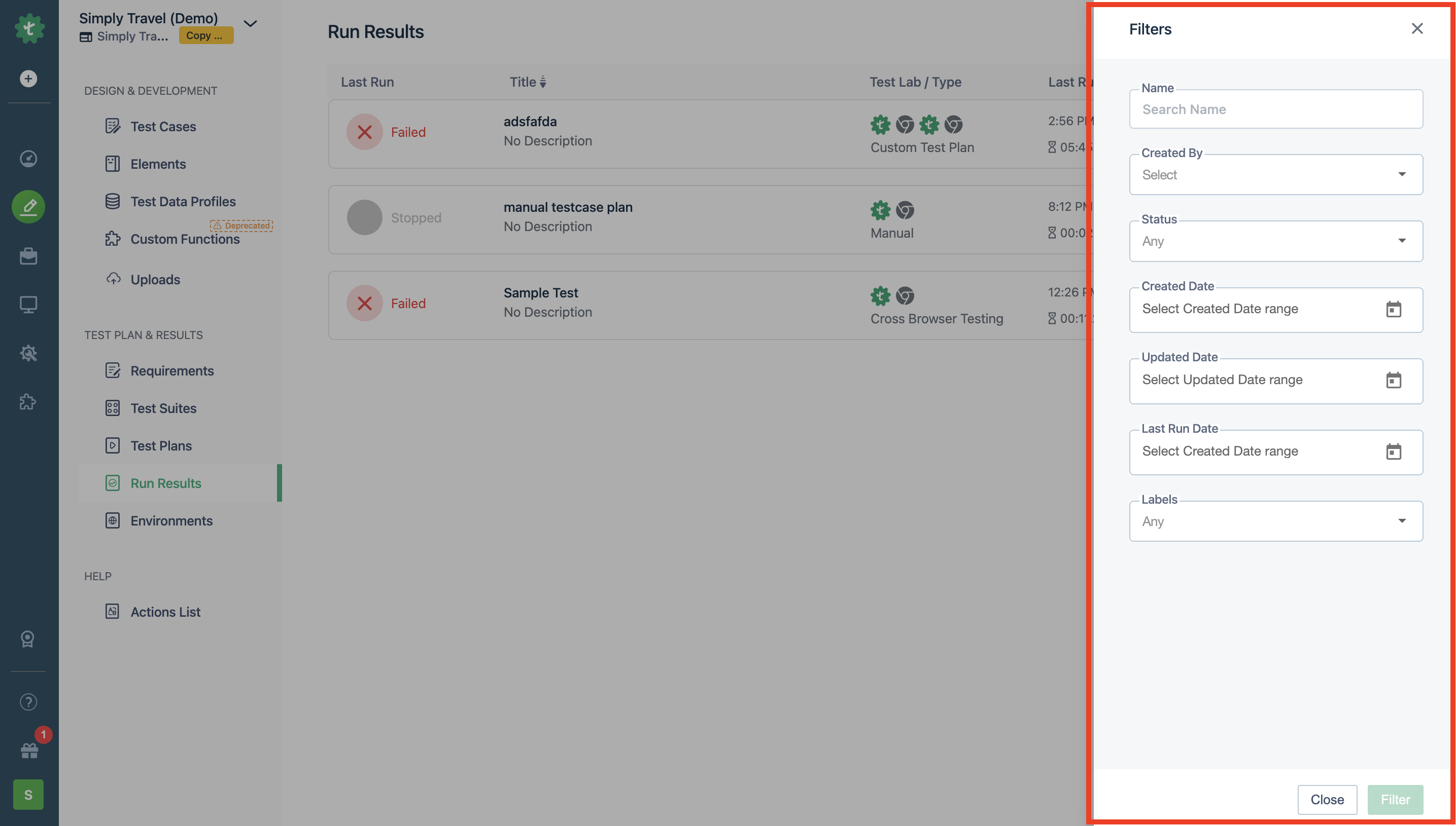 Filters Layover in Run Results Page in Testsigma