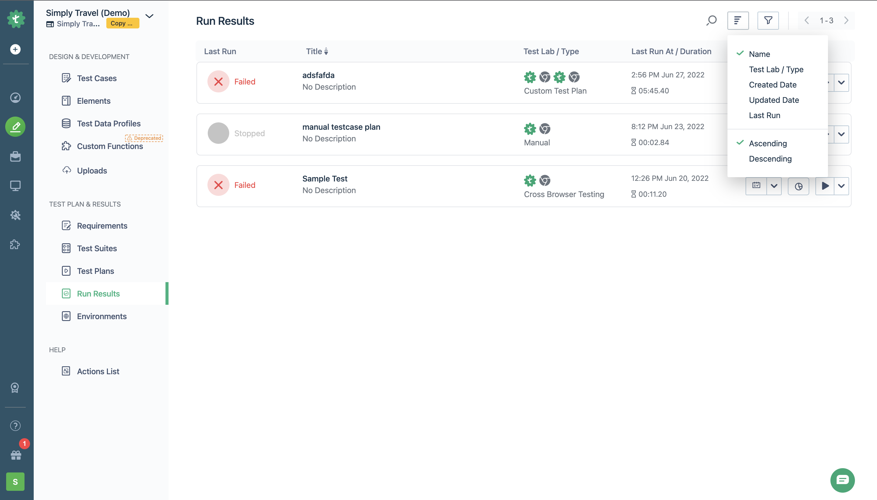Sort option on Run Results page on Testsigma