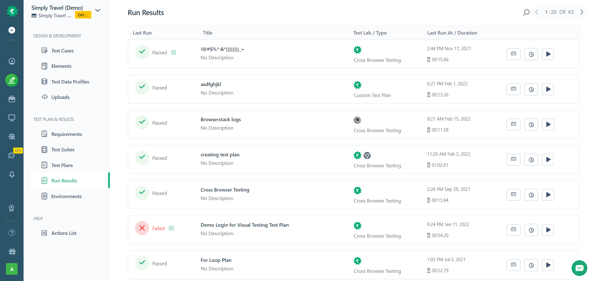 Run Results page to get test case reports in Testsigma