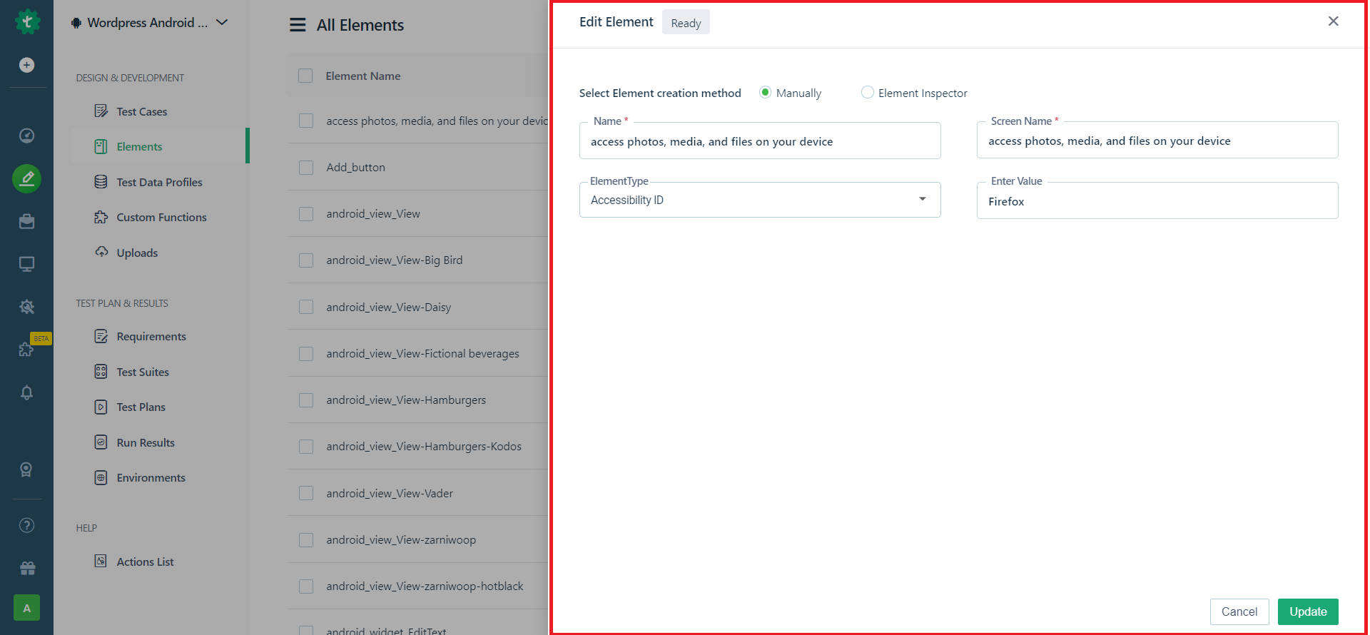 edit element page to update elements for android project in Testsigma