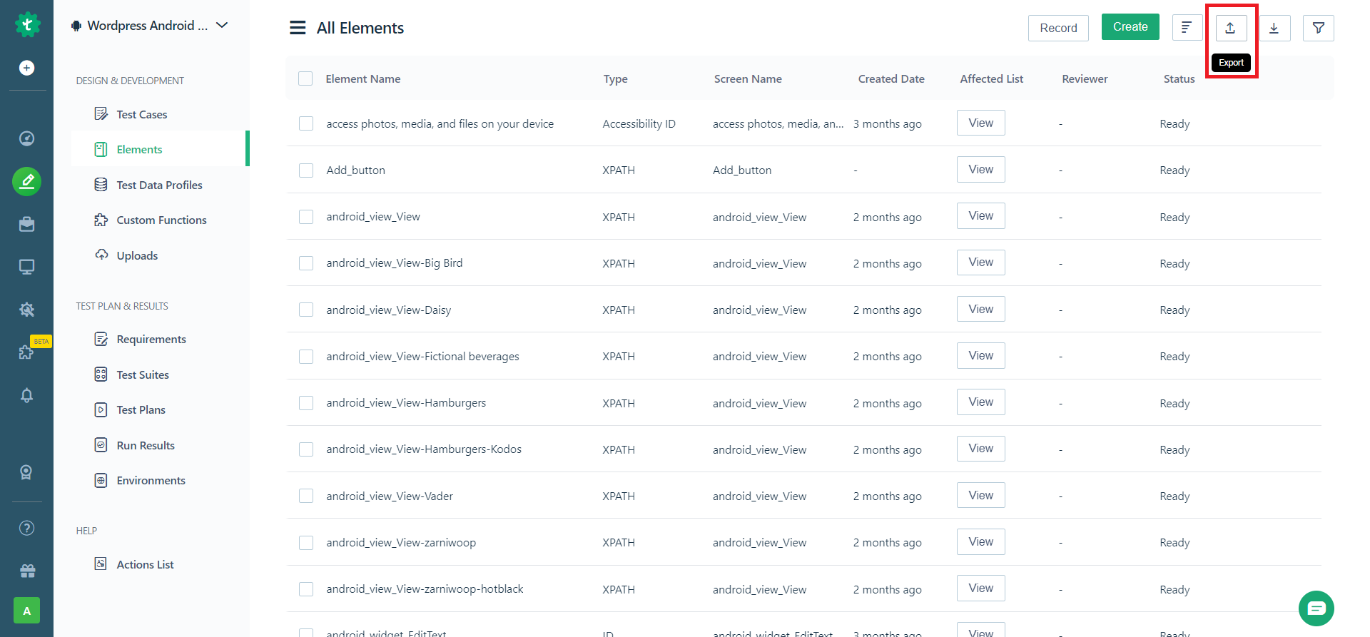 export button on all elements page to update elements for an android project Testsigma