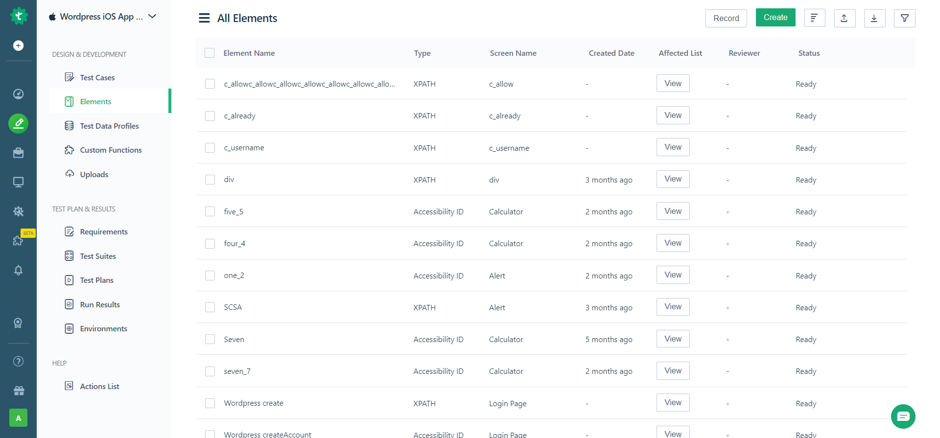 all elements page to update elements for iOS project in Testsigma
