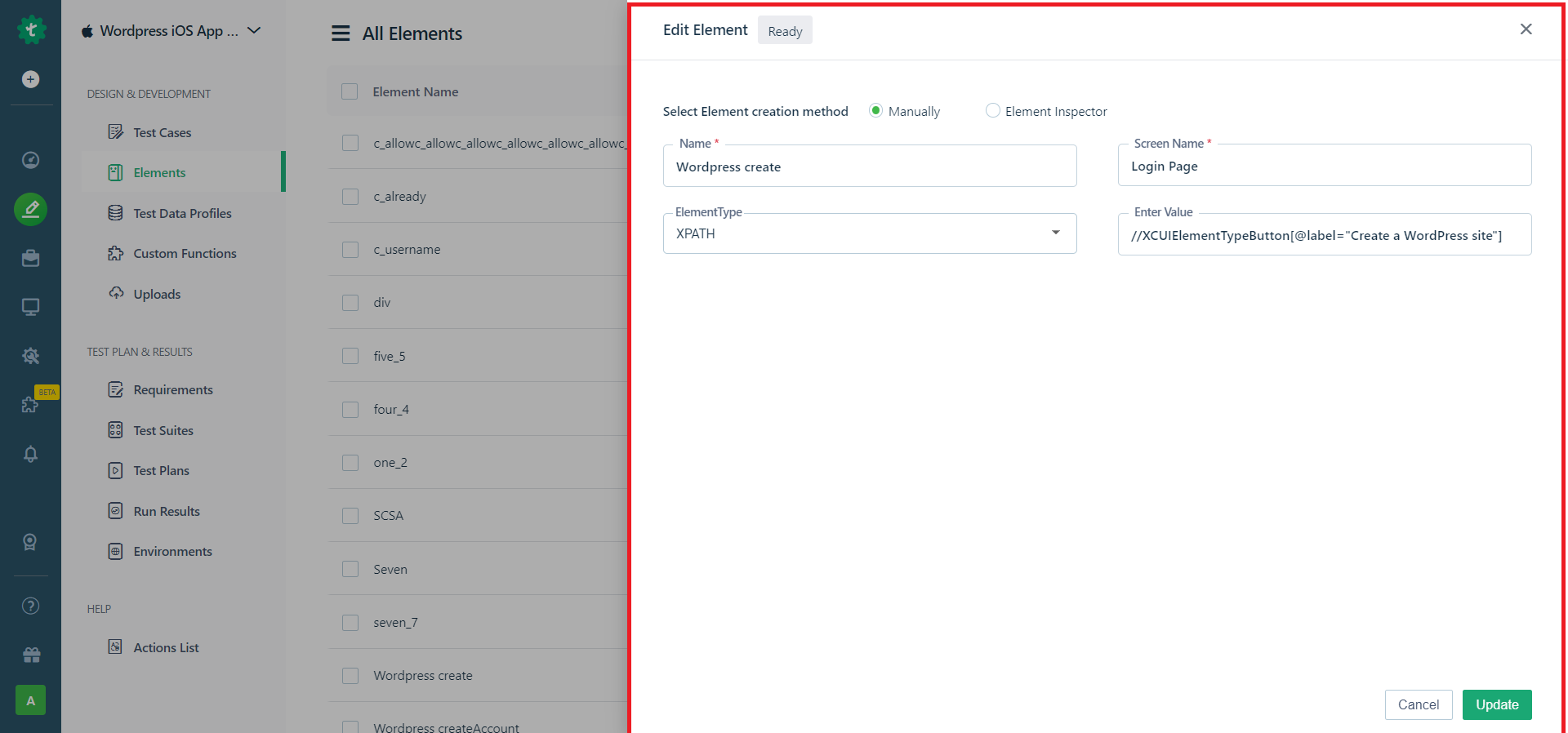 edit element page to update elements for iOS project in Testsigma
