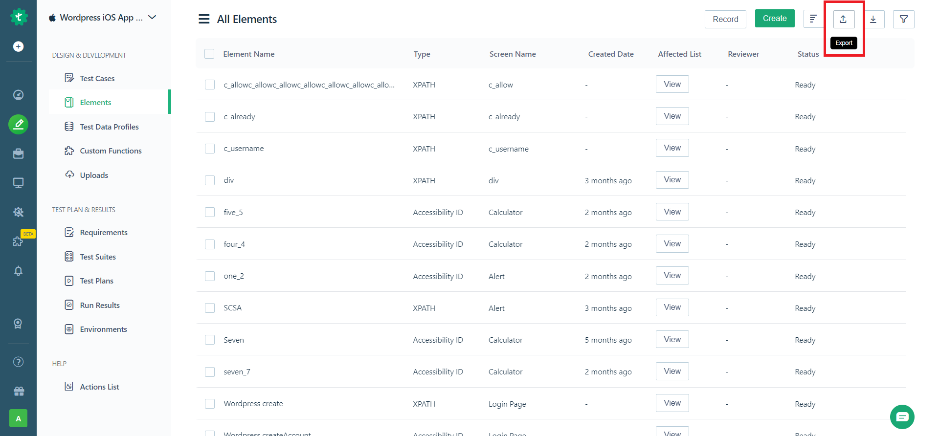 export button on all elements page to update elements for an iOS project Testsigma