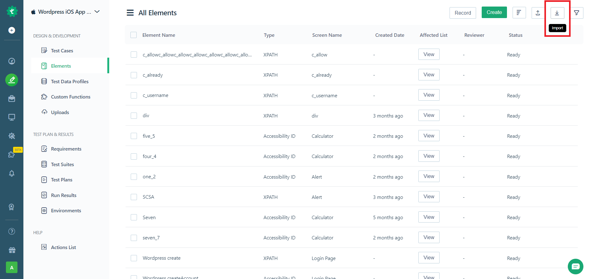 import button on all elements page to update elements for an iOS project in Testsigma