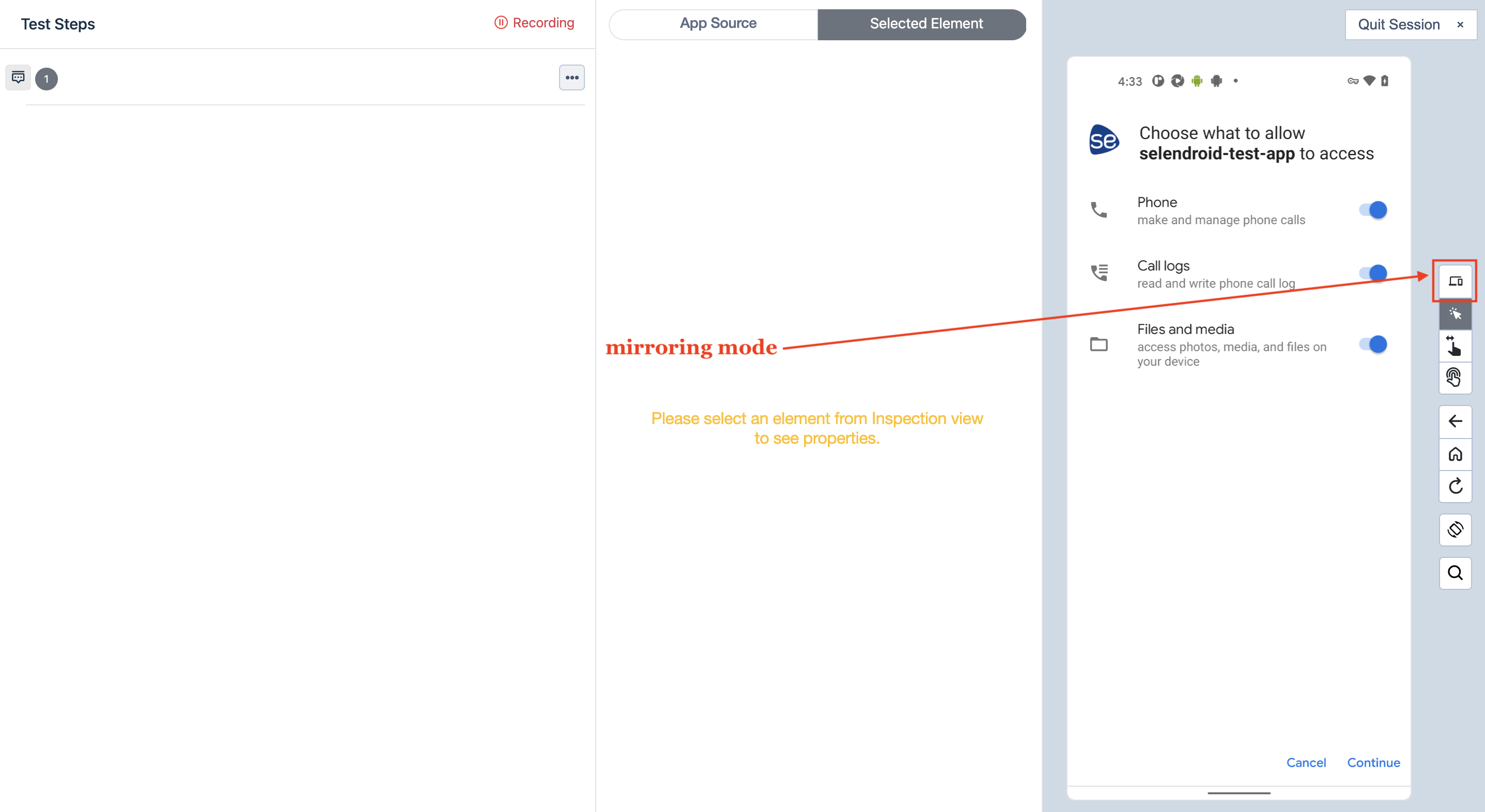 Mirroring mode in Test recorder interface for Android