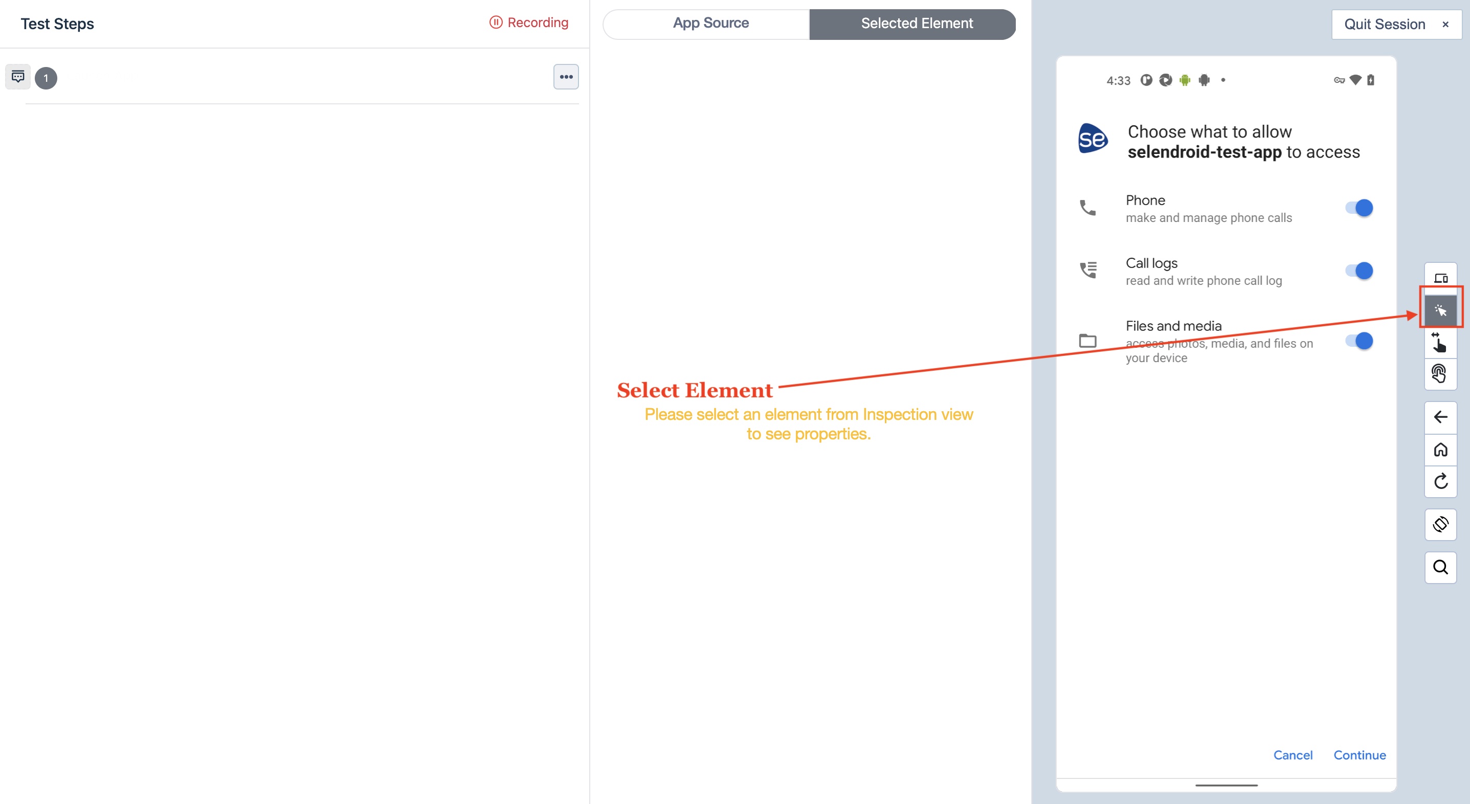 Select Element in Test recorder interface for Android